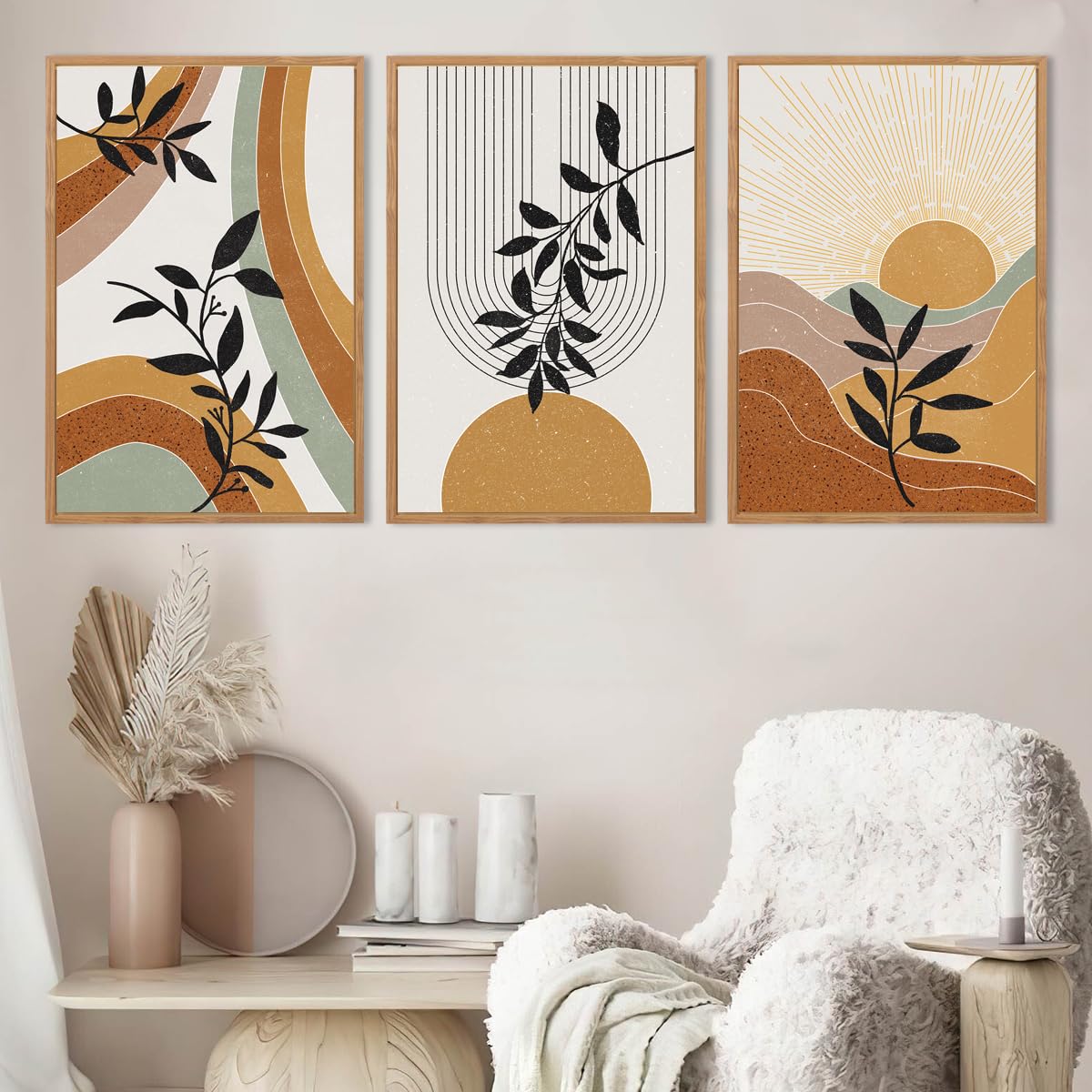 Bincue Large Boho Framed Wall Art Painting Mid Century Modern Decor Prints Boho Canvas Wall Decor For Living Room Bedroom Artwor