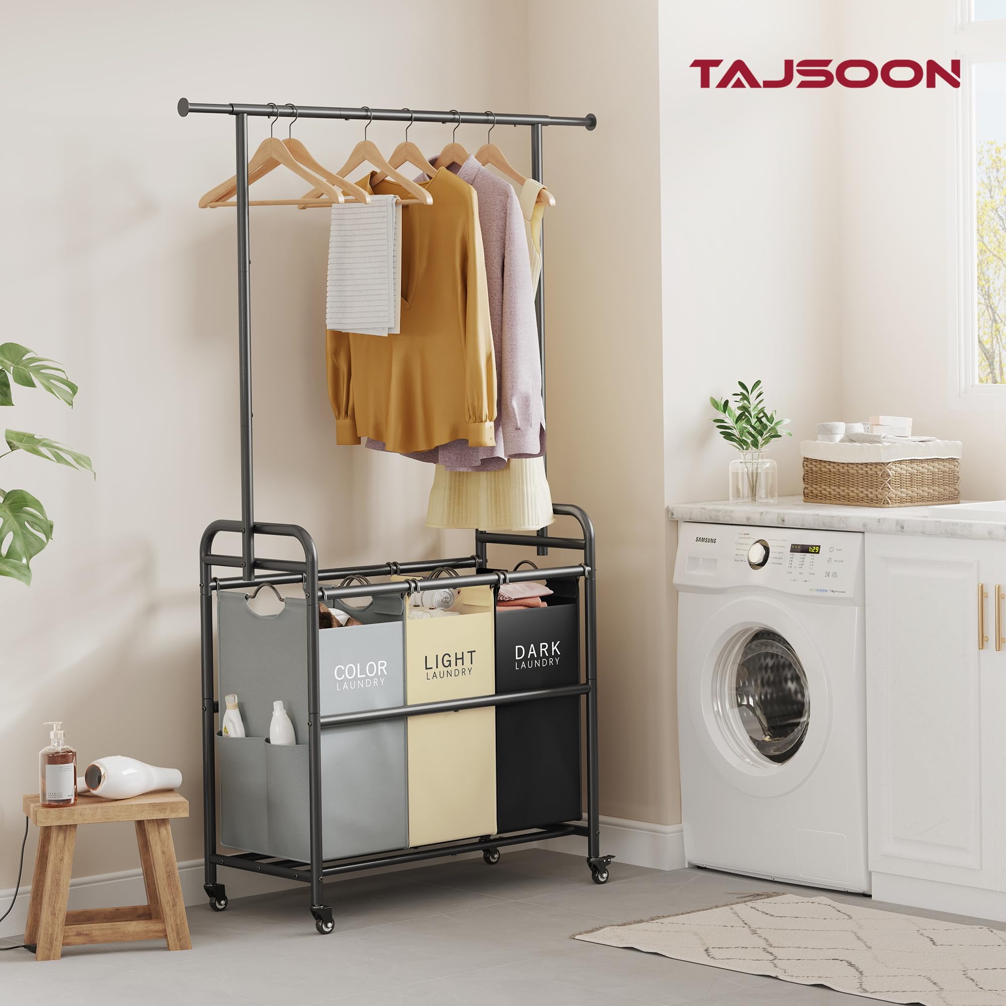 Tajsoon Laundry Sorter Cart With Hanging Rack, Laundry Sorter 3 Section, Laundry Hamper With Heavy Duty Rolling Lockable Wheels,