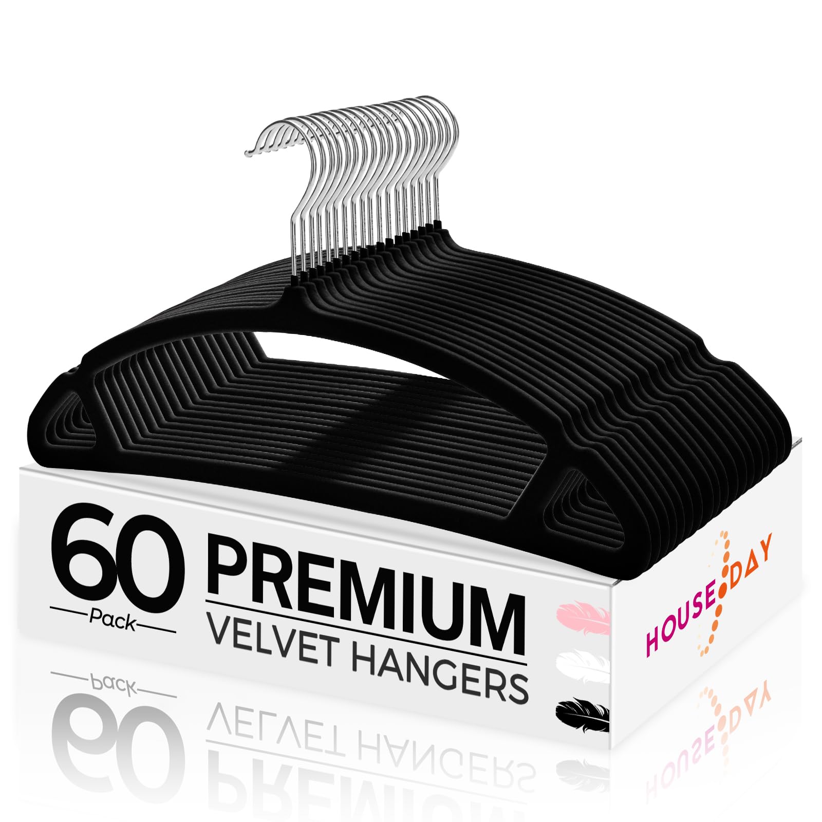 House Day Black Velvet Hangers 60 Pack, Luxury Felt Hangers Non Slip Clothes Hangers, Space Saving Black Hanger Heavy Duty Coat
