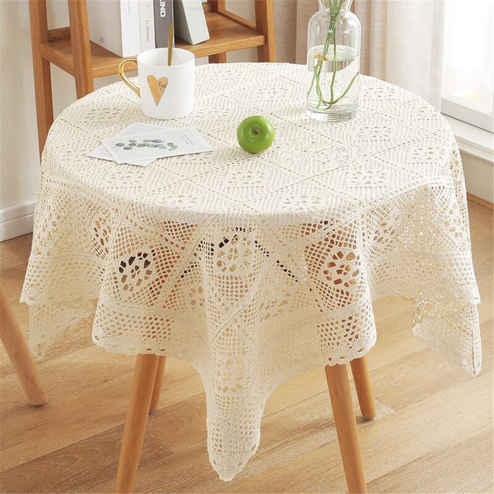 Bmidrut Vintage Beige Crochet Doilies Tablecloths Square Cotton Lace Doilies Table Cover Wedding Home Party Decor (55X55 Inch)