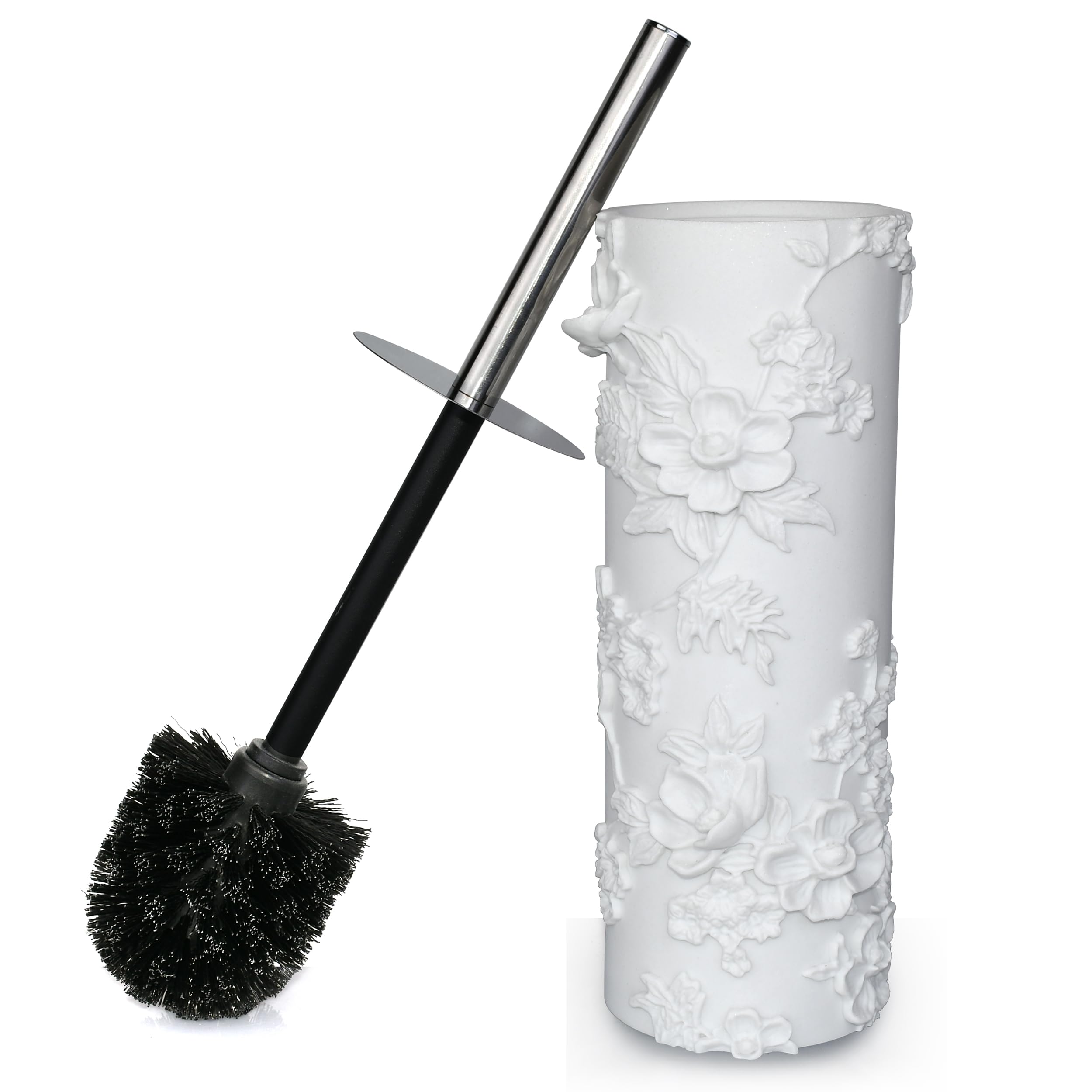 Indecor Home White Floral Branches Design Resin Toilet Bowl Brush and Holder Set, Elegant Bathroom Cleaning Tool with Durable Br