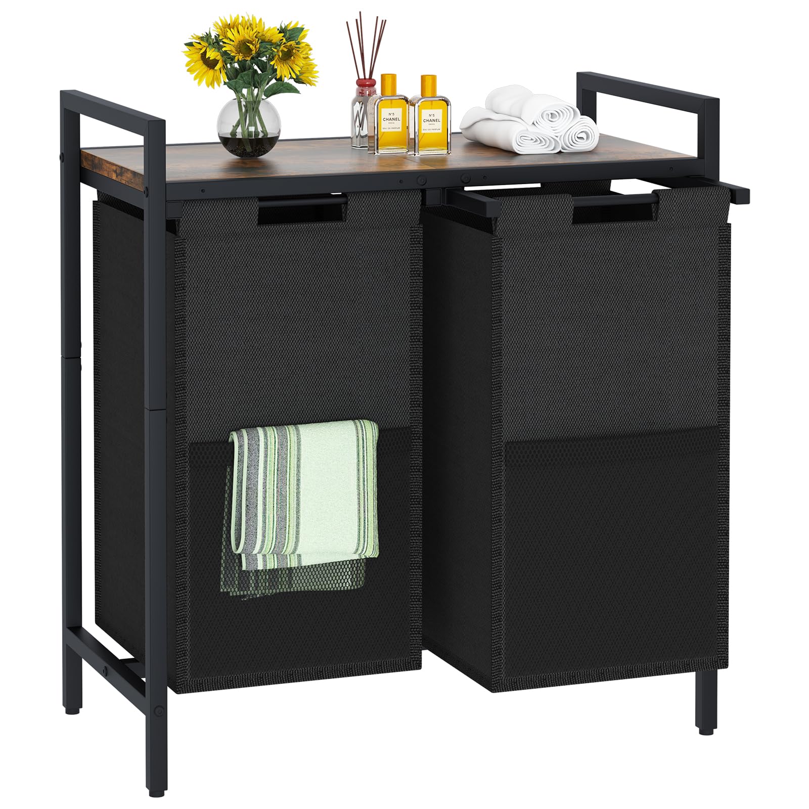 Huhote Laundry Hamper, Double Laundry Basket, Laundry Sorter With Top Shelf & 2 Removable Washable Bags & Side Pockets For Laund