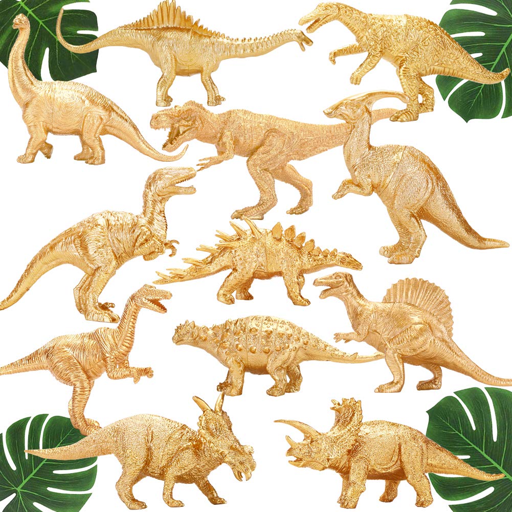 Metallic Gold Plastic Dinosaurs Figurine Toys, 12Pcs Jumbo Golden Dinosaur Figures For Boys Girls, Baby Shower, Bridal Shower De