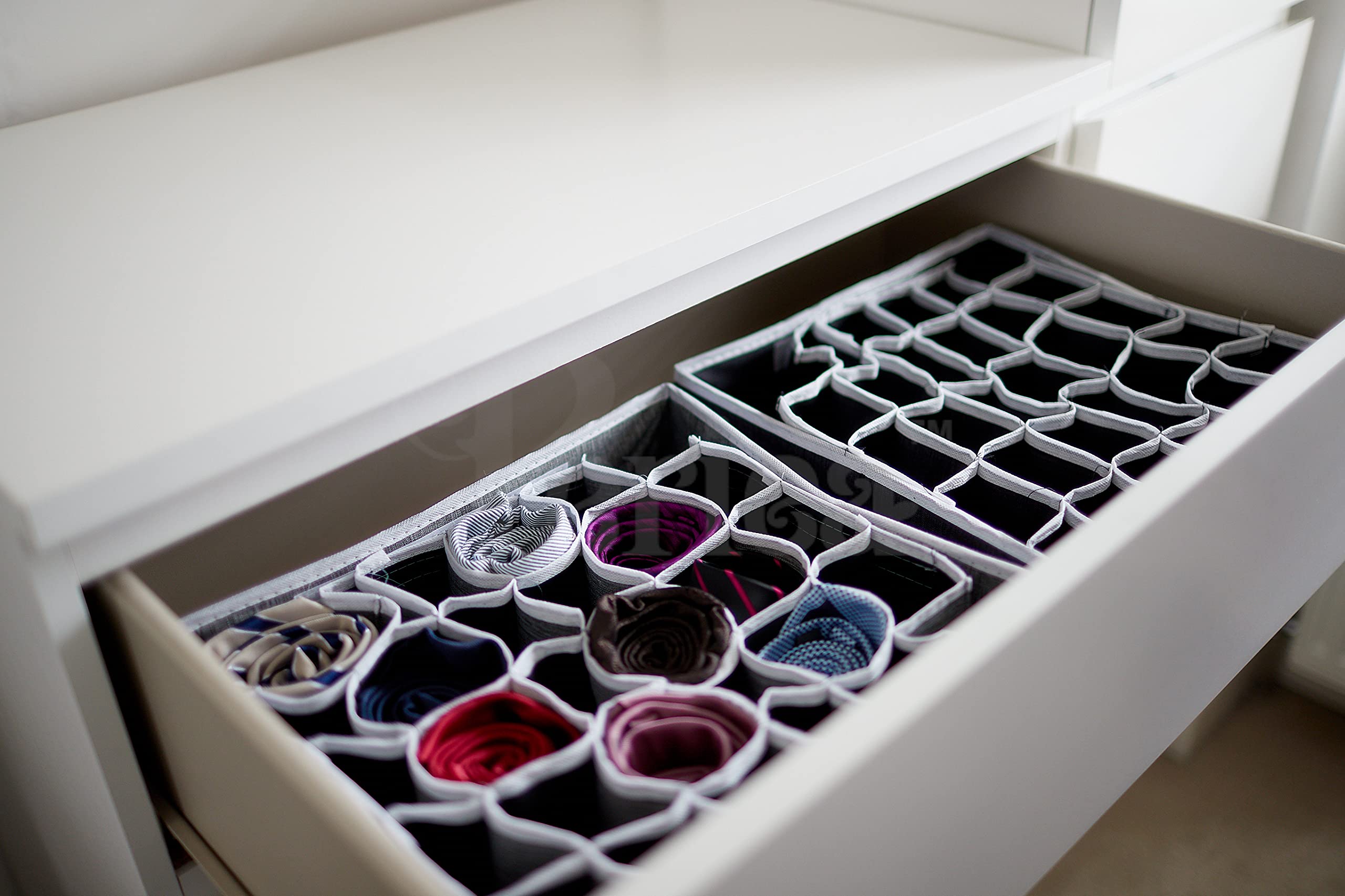 Periea Drawer Organizer Bedroom Underwear 30 Cell 'Fosy' (Premium, Charcoal Grey with White Piping)