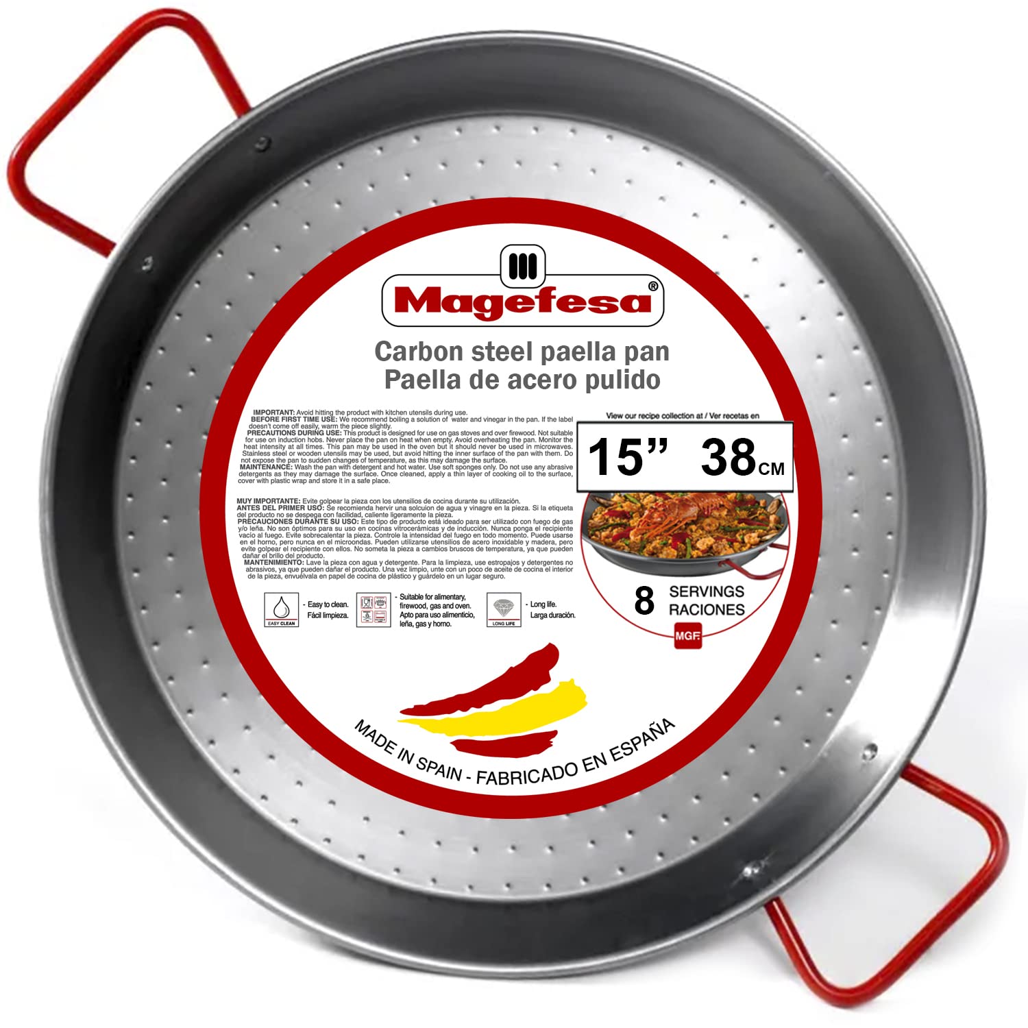 Magefesa Carbon - Paella Pan 15 In - 38 Cm For 8 Servings, Made In Carbon Steel, With Dimples For Greater Resistance And Lightne