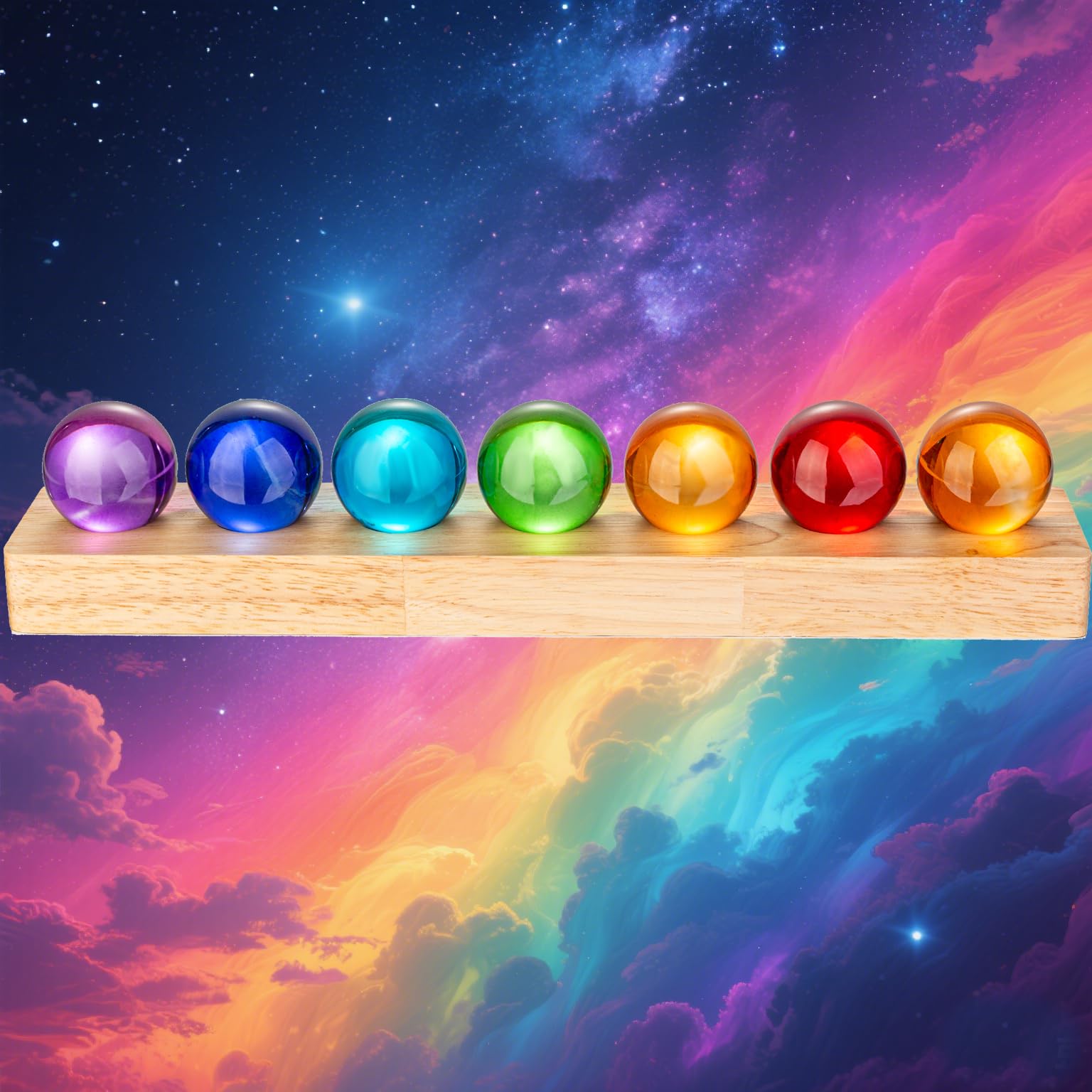 7pcs 40mm Multicolor Crystal Solid Ball Glass Spheres with LED Wooden Base Night Light Decoration Healing Sphere Balls with Stan