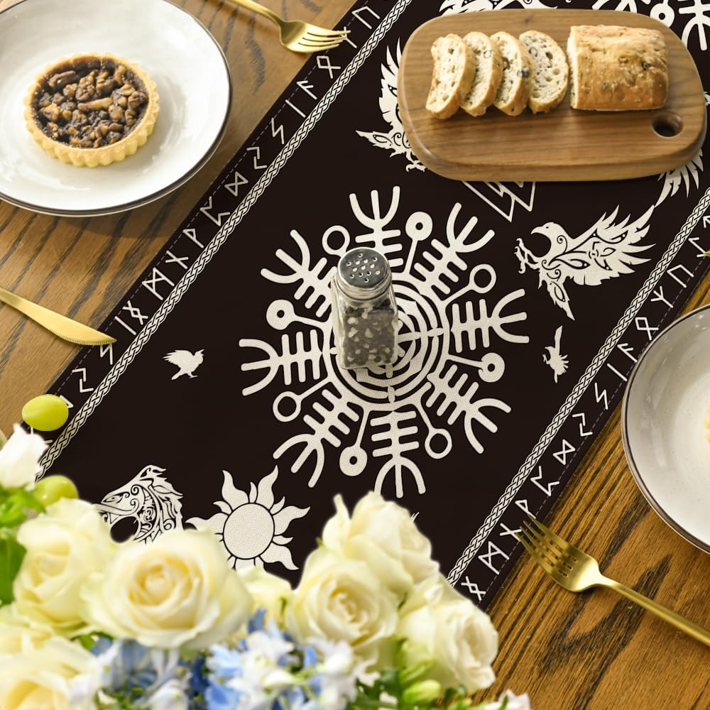 Artoid Mode Black Viking Tree Of Life Raven Helmet Of Awe Table Runner, Seasonal Kitchen Dining Table Decoration For Home Party