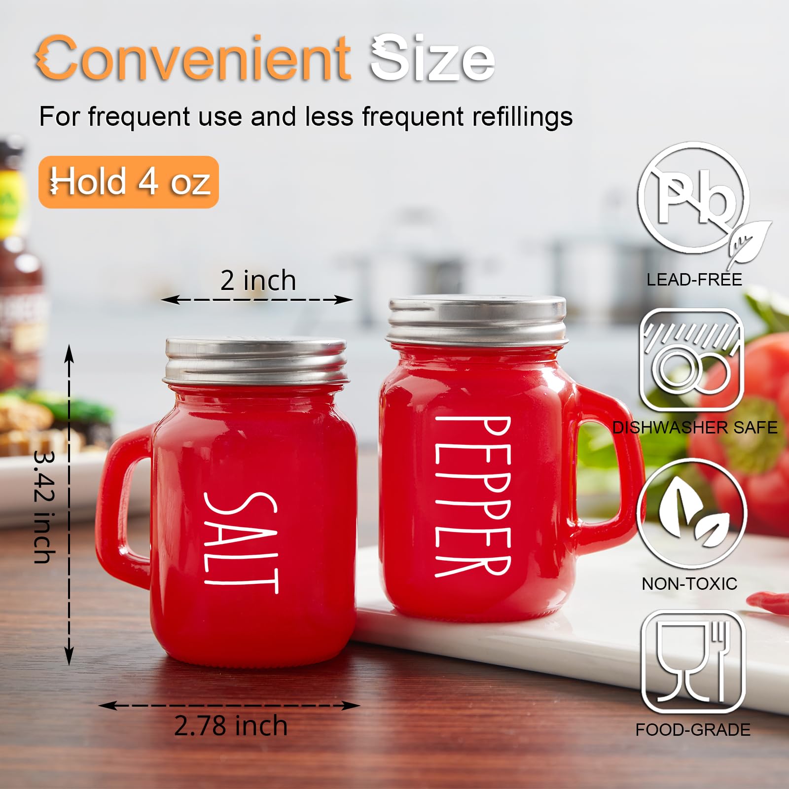 Red Salt And Pepper Shakers Set, Zosujo 4 Oz Cute Modern Glass Christmas Red Shaker Sets With Stainless Steel Lids, Red Kitchen