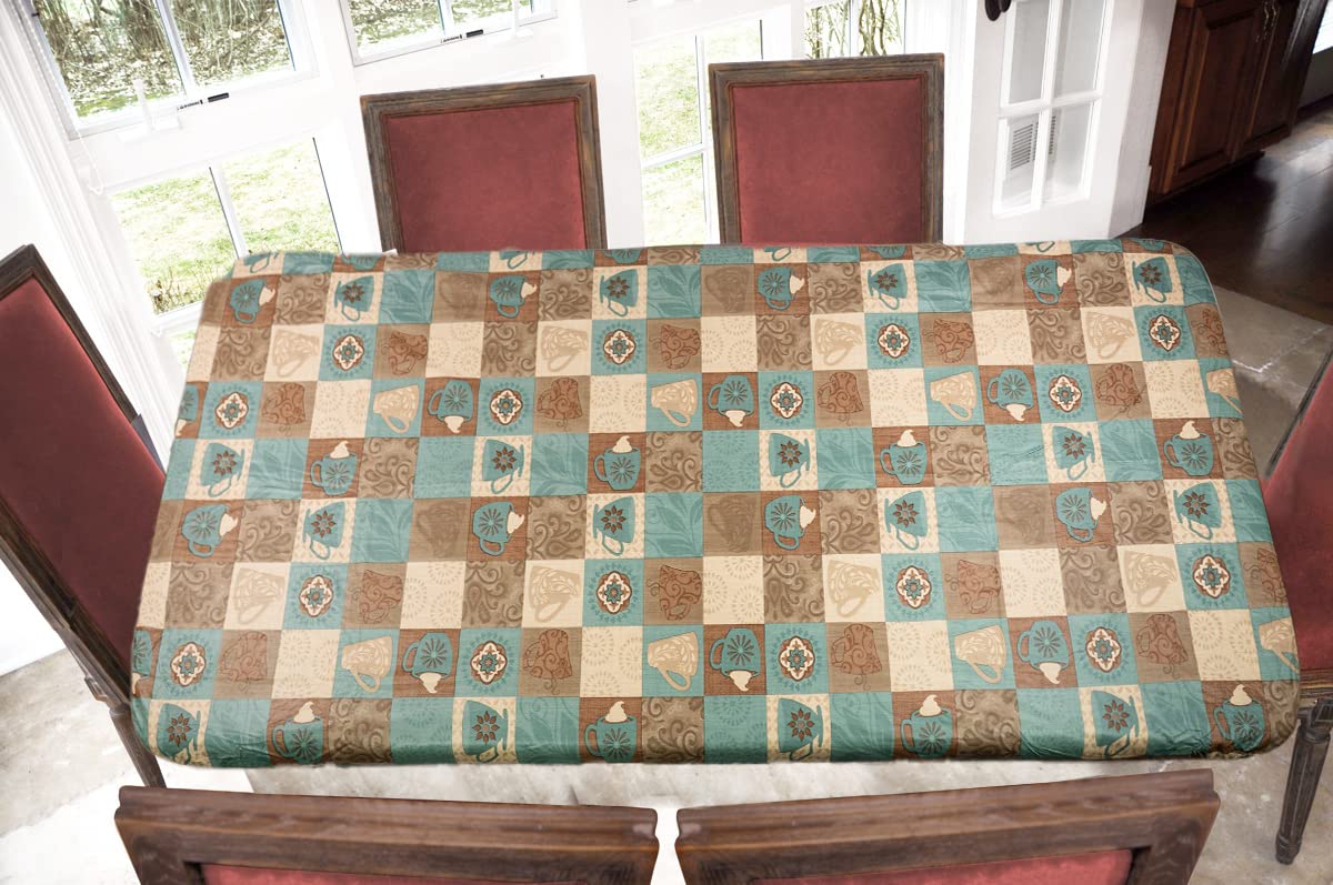 Covers For The Home Flannel Backed Vinyl Table Cover, Global Coffee, Fits 48" x 68", Oblong/Oval, Elastic Edged