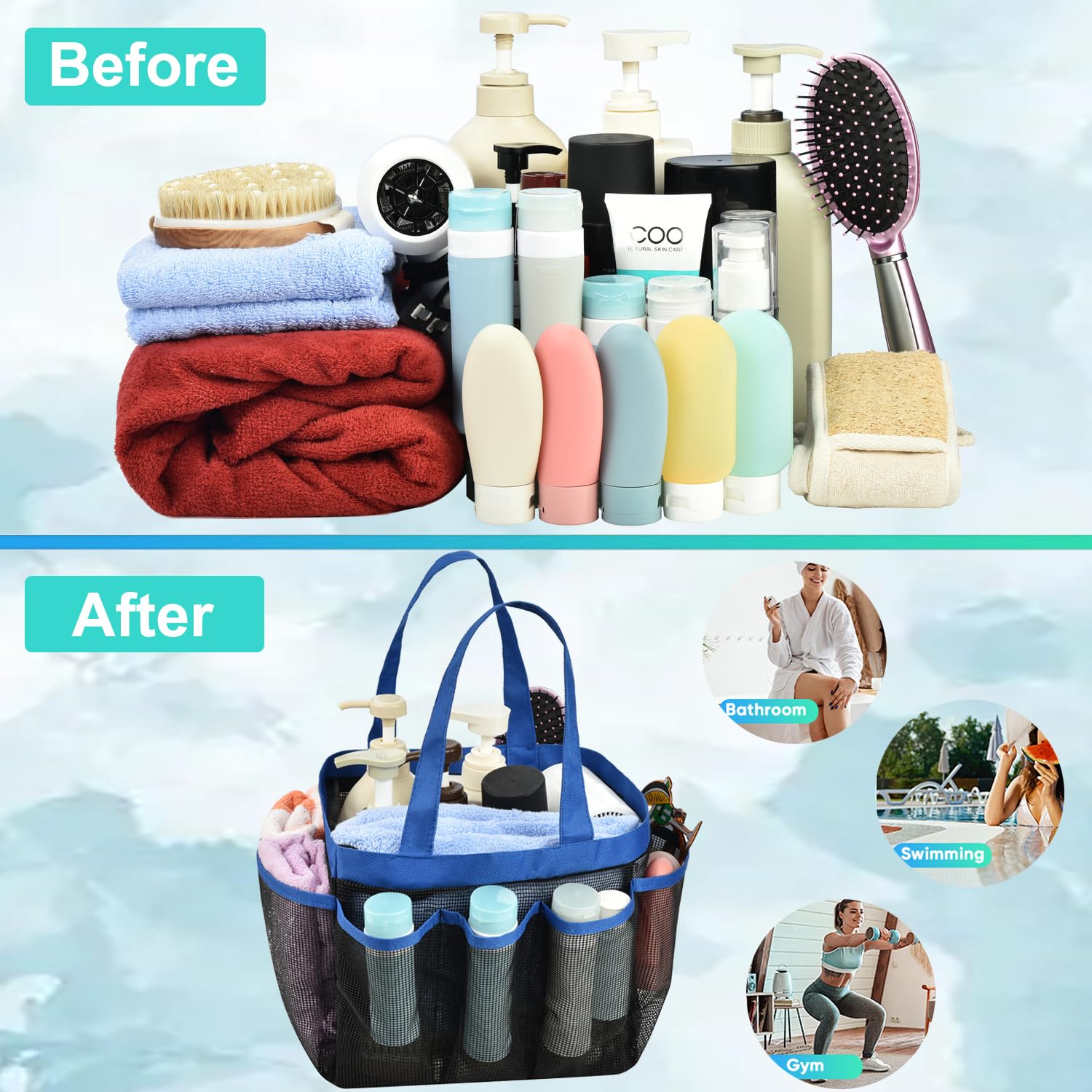 Haundry Mesh Shower Caddy Tote  Large College Dorm Bathroom Caddy Organizer with Hook and Handles  8 Basket Pockets for Camp Swimming Travel Gym Beach