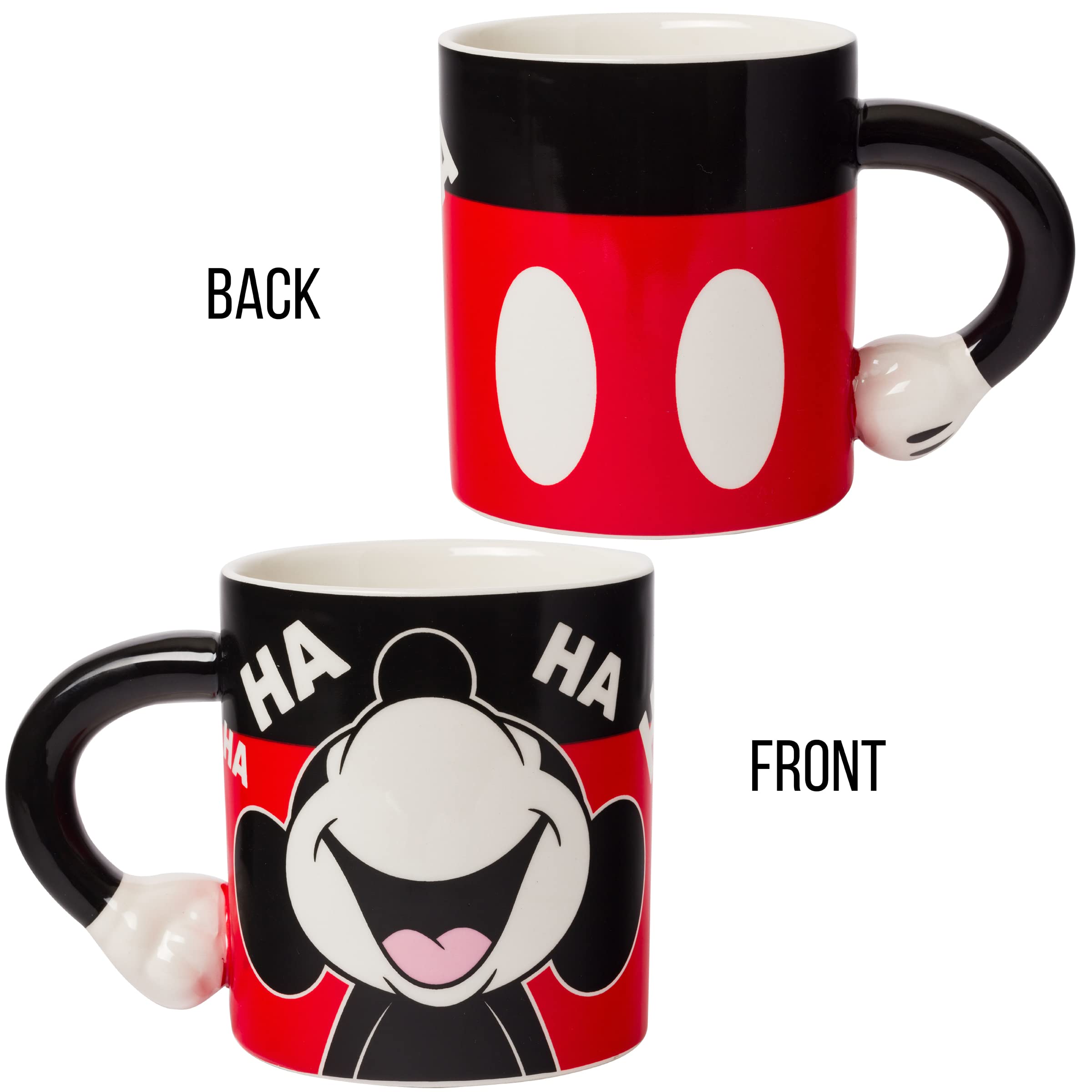 Silver Buffalo Disney Mickey Mouse Laughing Face Sculpted Handle Ceramic Mug, 20 Ounces