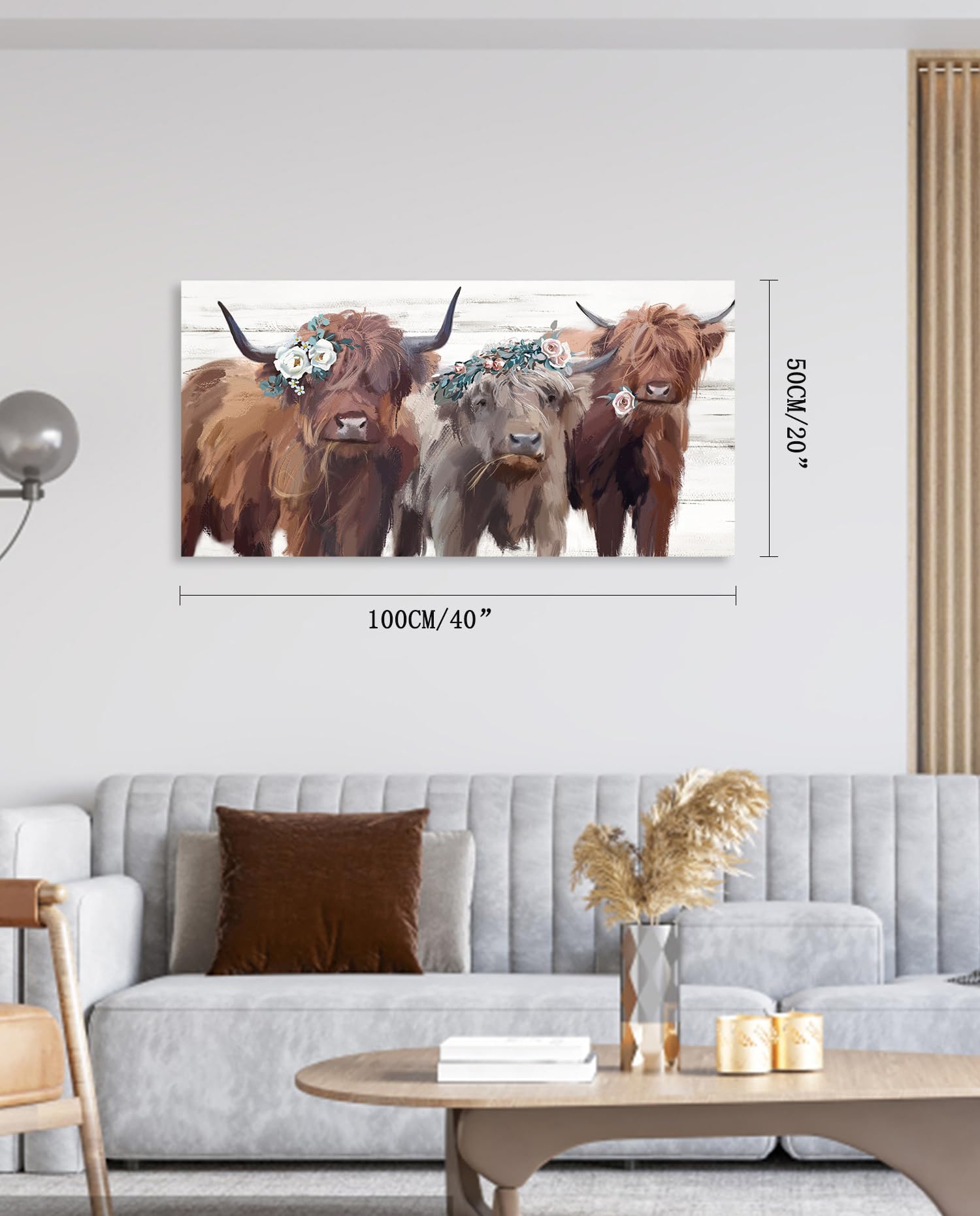 Highland Cow Canvas Wall Art: Cow Floral Picture Farmhouse Kitchen Decor Funny Animal Long Haired Scottish Cow Paintings Framed