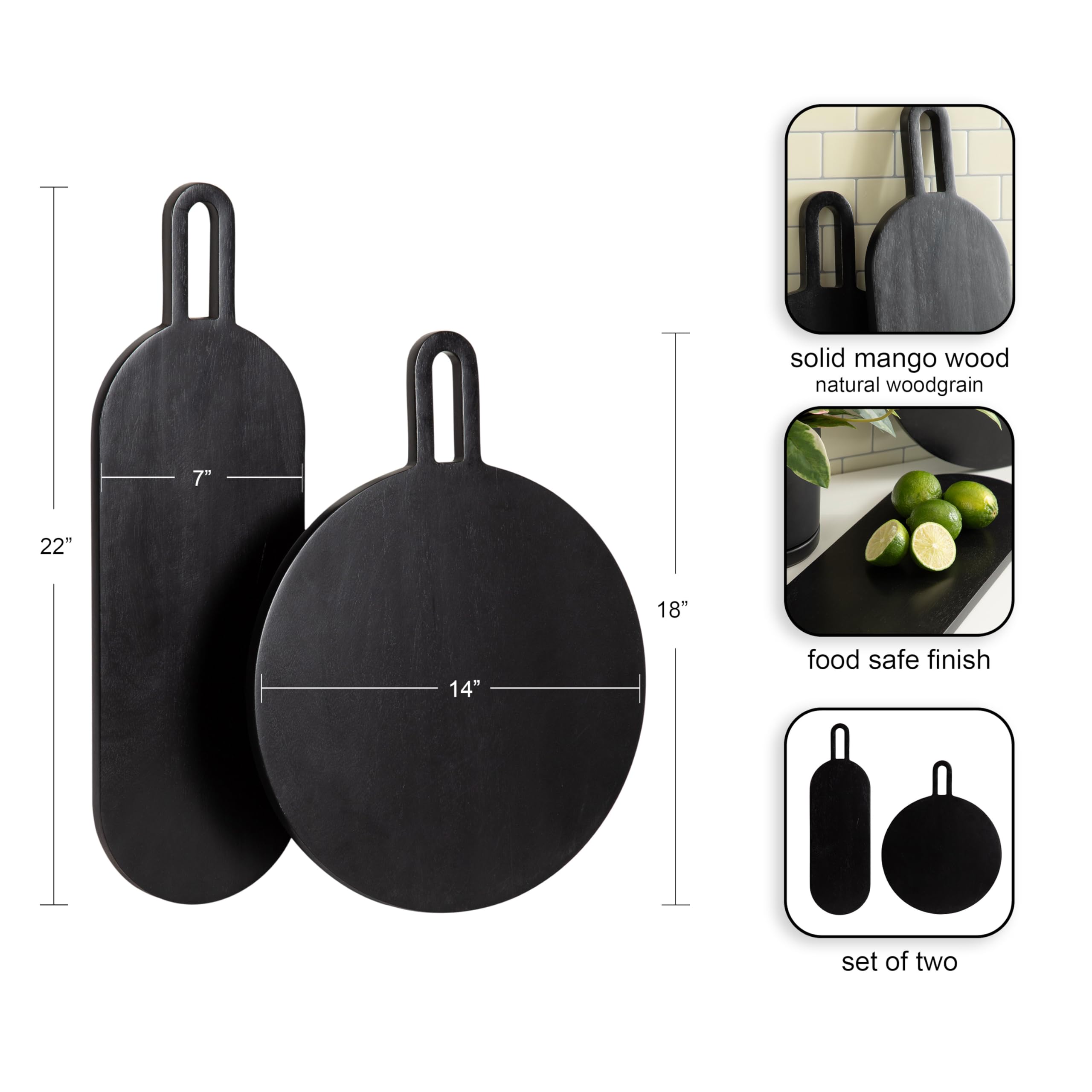 Kate and Laurel Staven Transitional Two-Piece Serving Boards Set, 7 x 22 and 14 x 18, Black, Modern Food-Safe Charcuterie Boards