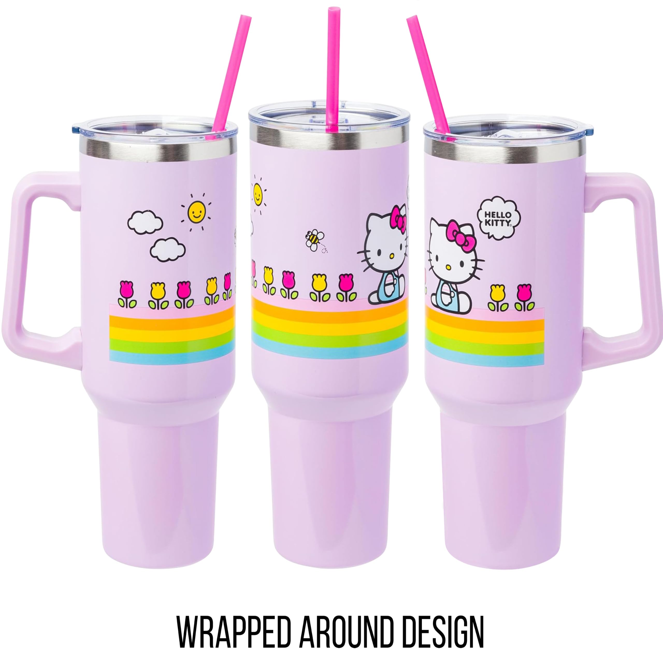 Silver Buffalo Sanrio Hello Kitty Spring And Summer Flowers Rainbow Stripes Stainless Steel Tumbler With Handle And Straw, Fits