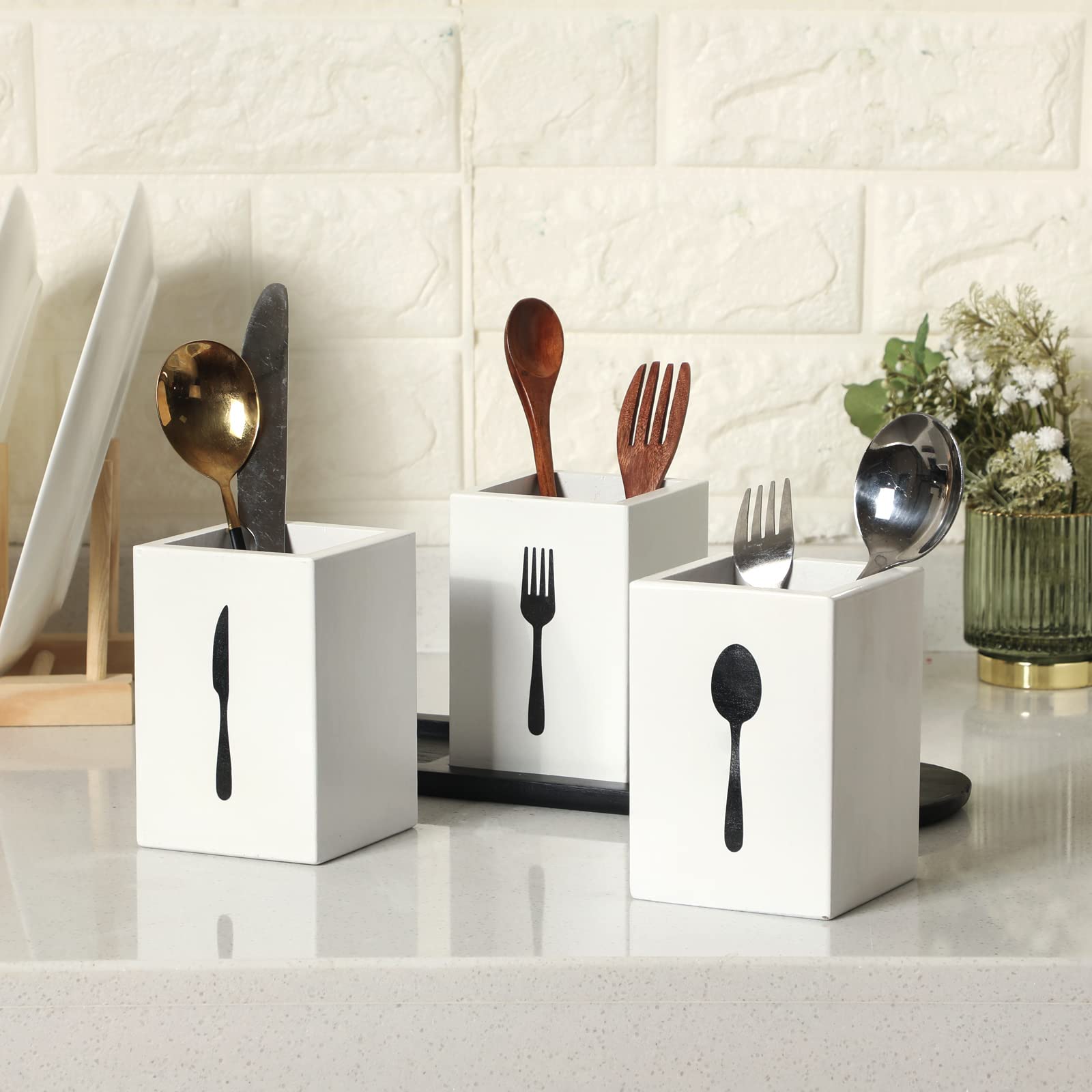 Kathfly 4 Pcs Silverware Caddy Utensil Holder For Countertop Silverware Organizer With Wood Tray Spoon Fork Holder For Kitchen P