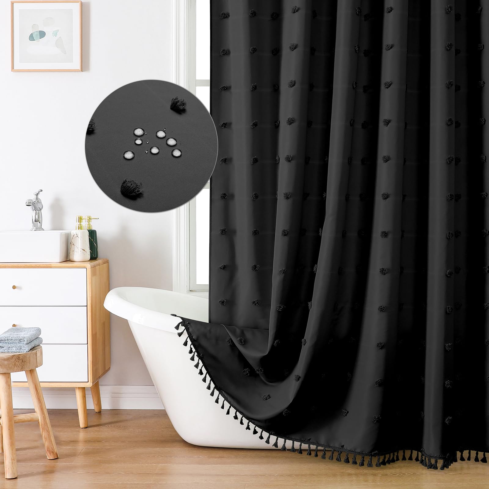 Lilycat Boho Farmhouse Black Fabric Shower Curtain, 72X72 Tufted Pleat Floral Puffs Textured Tassel Cute Shower Curtain For Rust