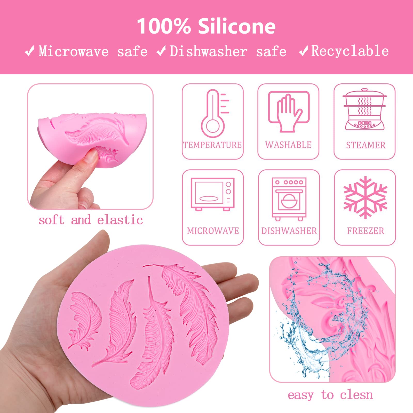 Baroque Feather Silicone Molds, 3D Feather Chocolate Fondant Molds, Cake Border Kitchen Baking Molds For Cake Decoration Cupcake