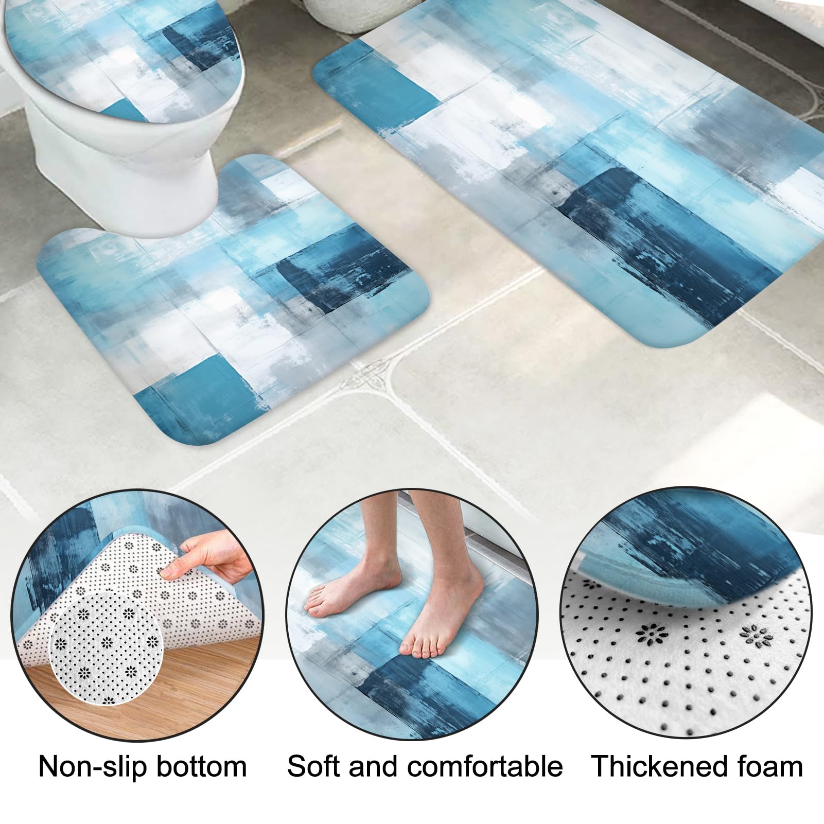 Lnond 4Pcs Bathroom Shower Curtain Sets With Rugs,Turquoise White Painting Art Bathroom Sets With Shower Curtain And Rugs And Ac