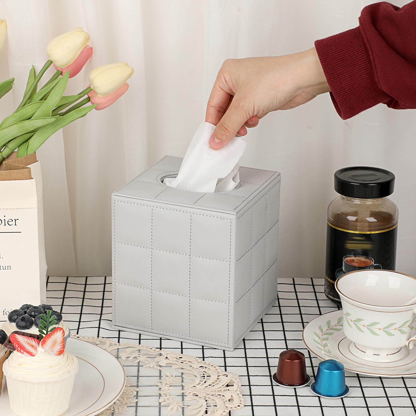 Sumnacon Tissue Box Cover Square Tissue Box Stylish Pu Tissue Box Holder With Magnetic Bottom, Cube Leather Tissue Cover For Liv