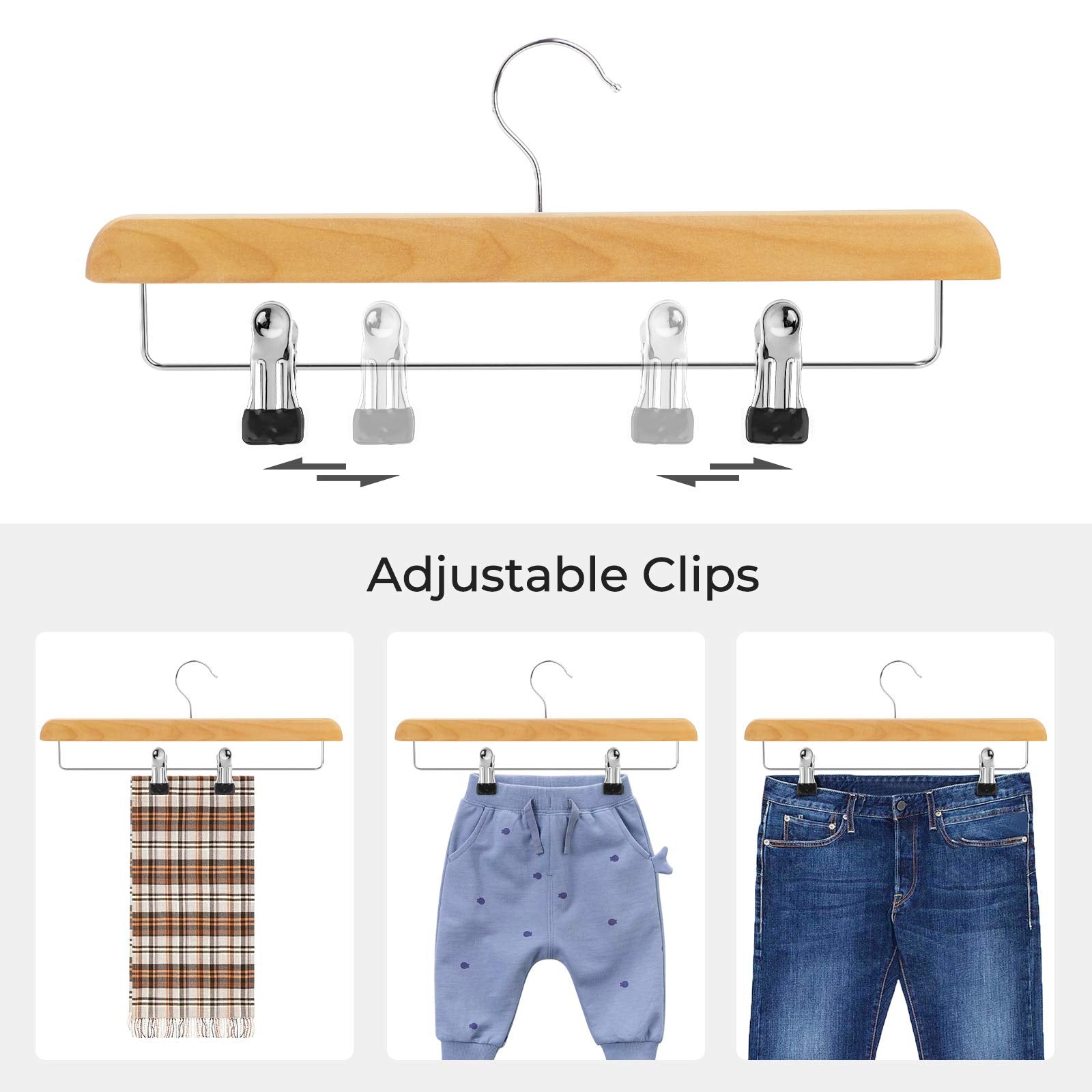 Songmics Wooden Pants Hangers 8 Pack, Pants Hangers With Adjustable Anti-Rust Metal Clips, 360 Swivel Hook, Skirt Hangers For Pa
