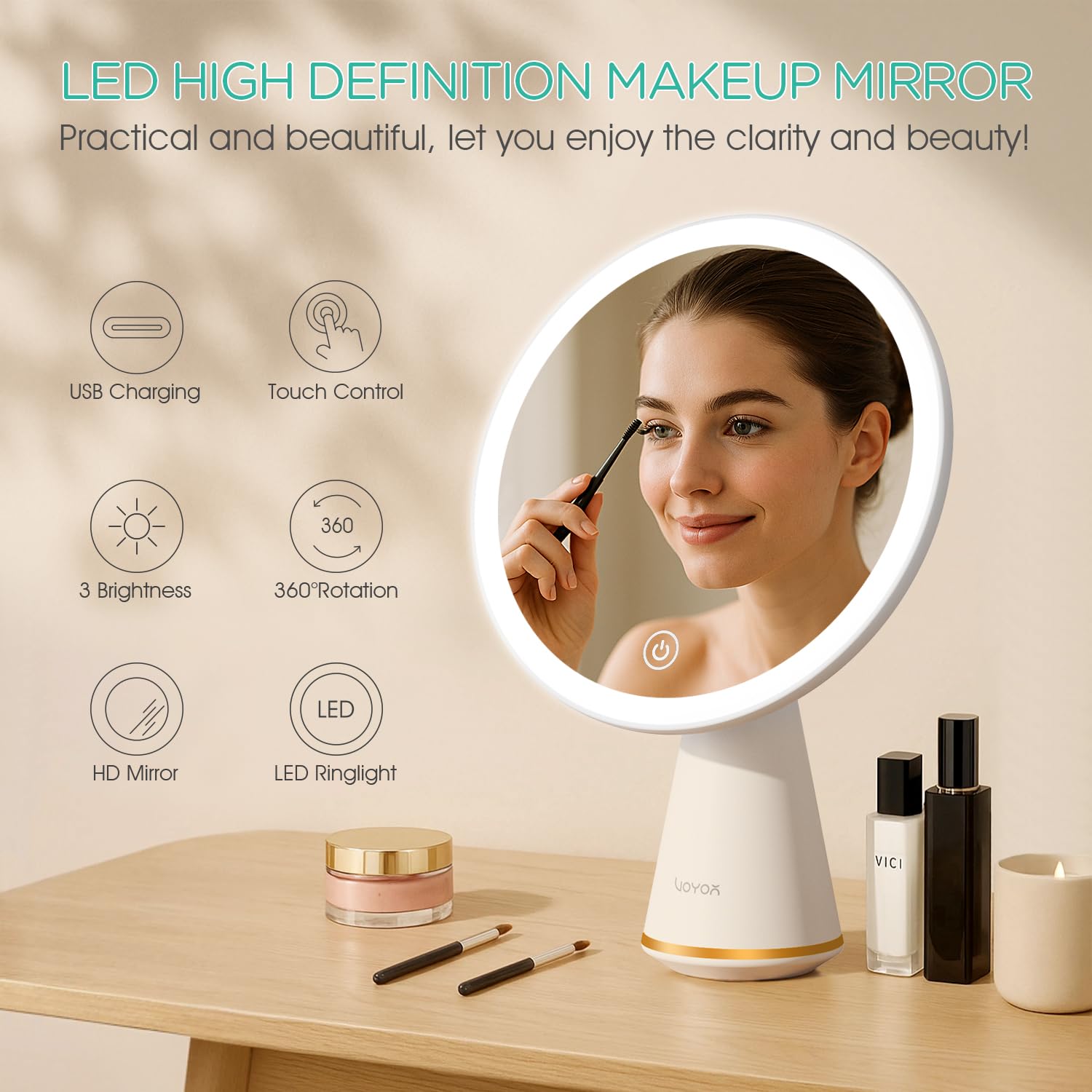 VOYOR Makeup Mirror Rechargeable Travel Vanity Mirror with Lights Removable Desk Mirror Adjustable Angle Light up Makeup Mirror