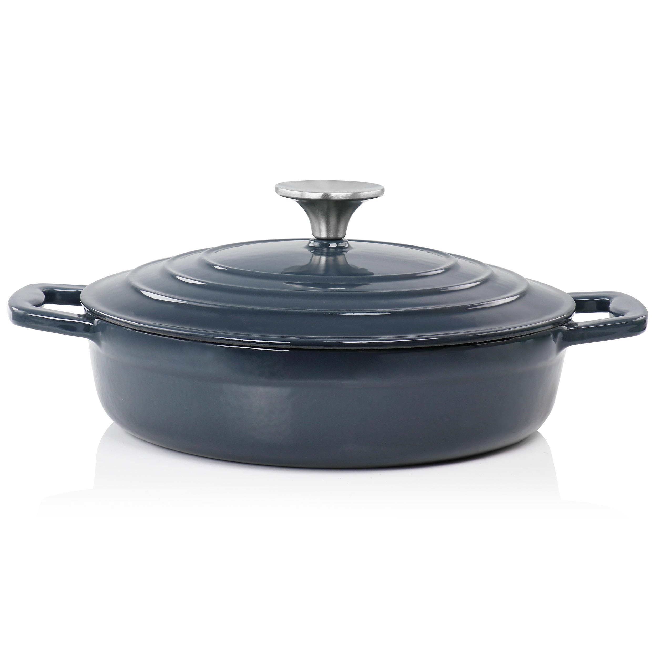 MegaChef 2 Quart Round Enameled Cast Iron Braiser Pan - Dark Blue, Model BRS22, Durable Cookware for Versatile Cooking