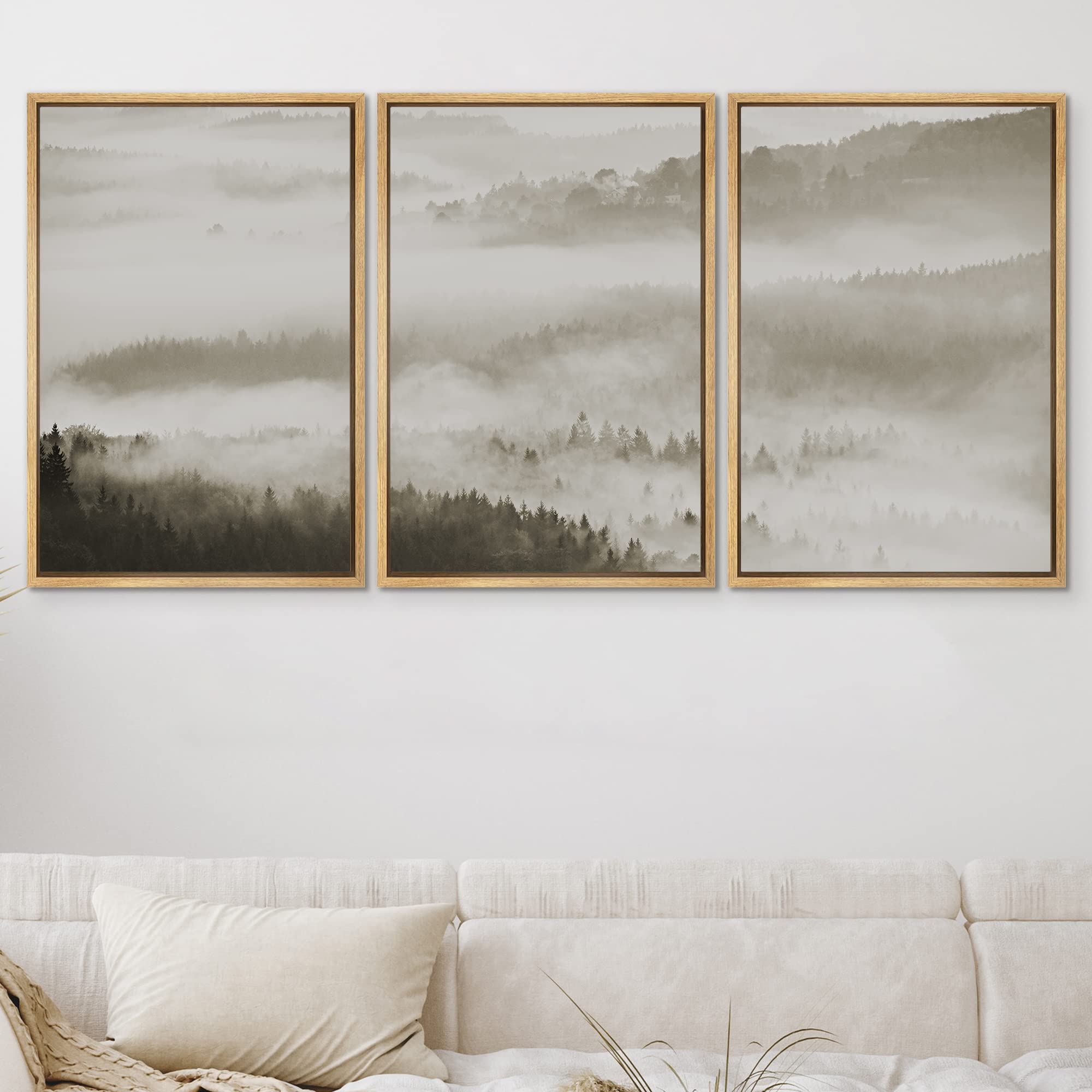 Signwin Framed Canvas Print Wall Art Woodland Nursery Decor Set Aerial View Black White Misty Mountain Nature Modern Art Rustic