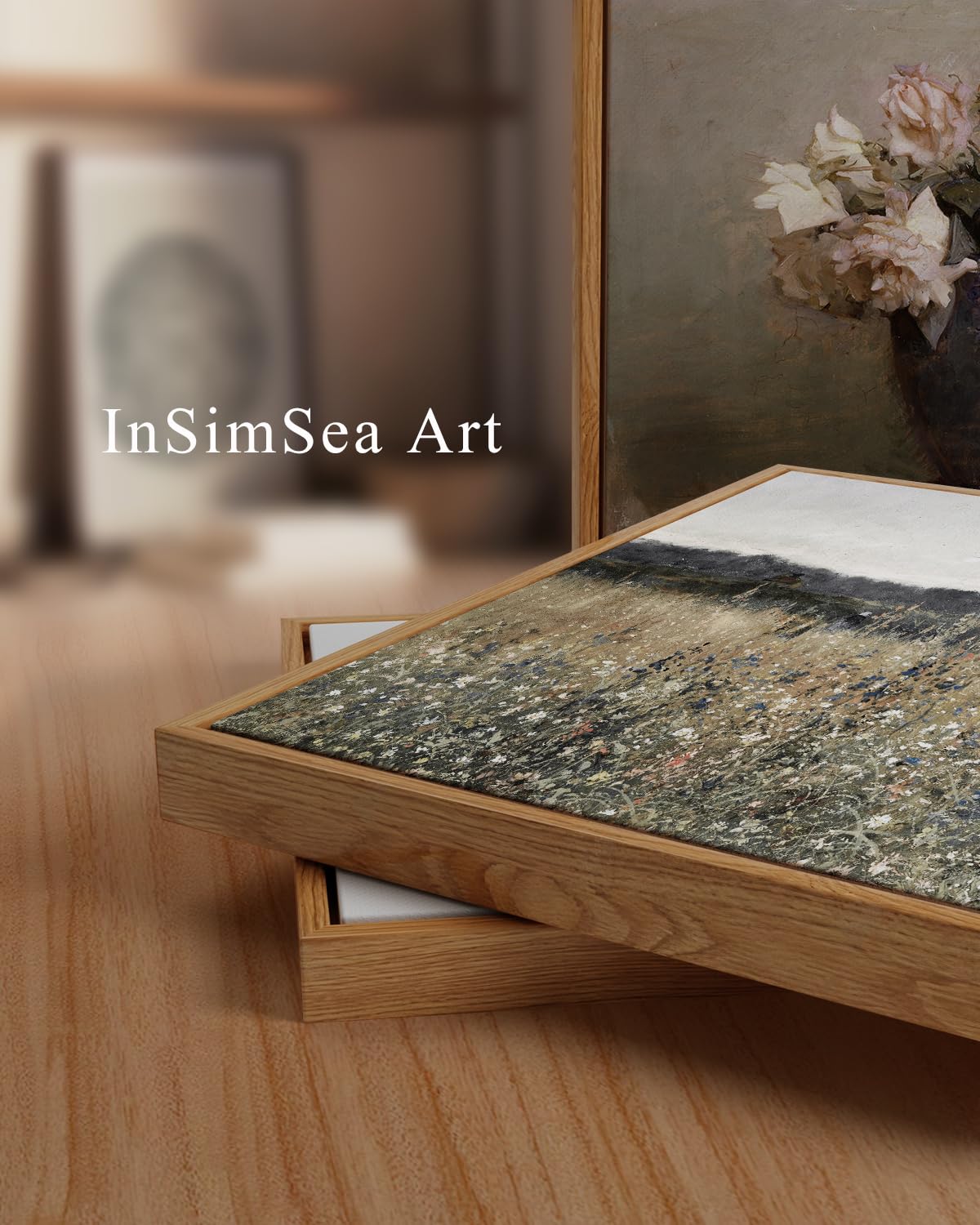 Insimsea Framed Canvas Wall Art Vintage Decor, Landscape Wall Art, Meadow With Flowers Art Decor, Modern Farmhouse Decor, Cottag