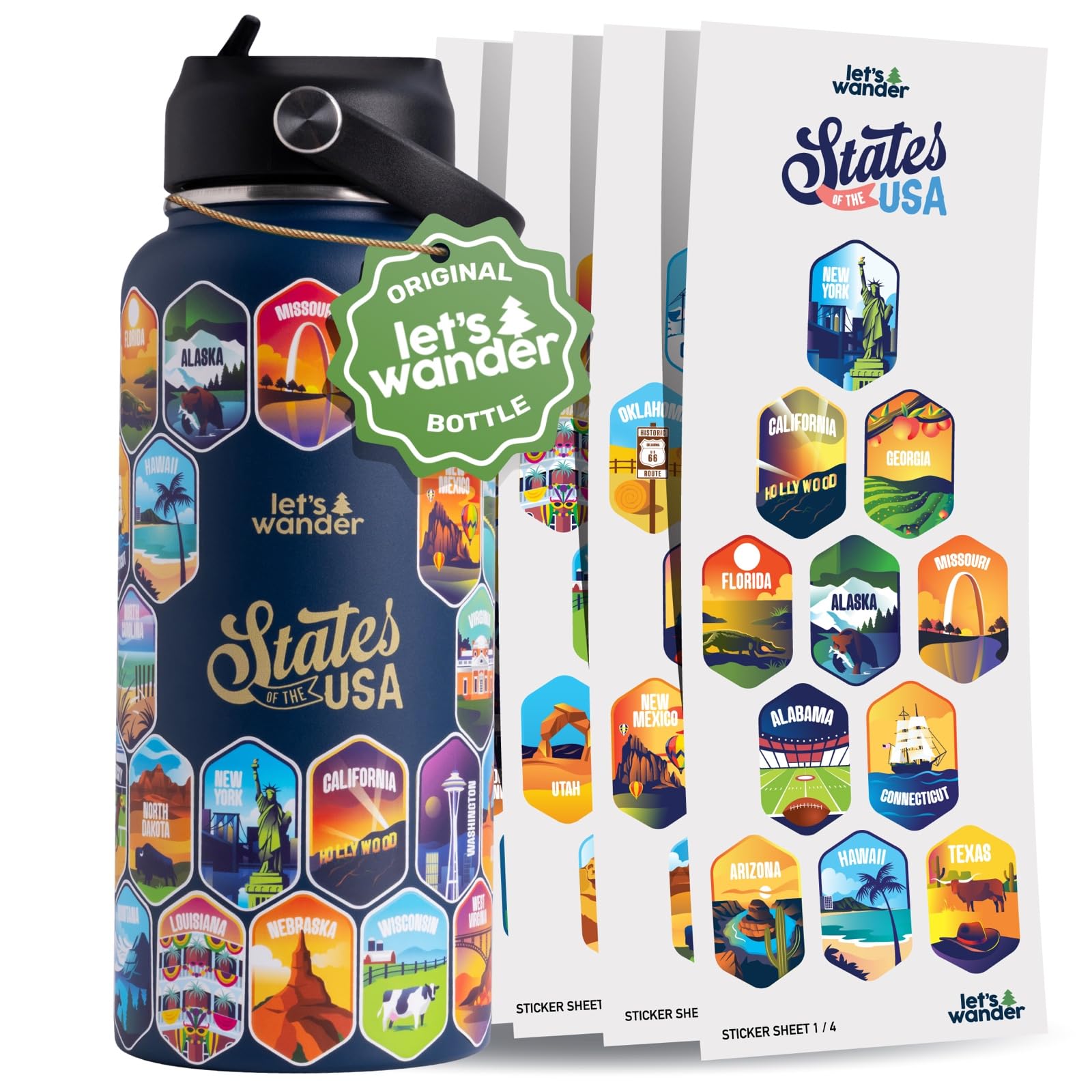 LET S WANDER 50 States Water Bottle with Waterproof Stickers - 32oz Leakproof Insulated Stainless Steel with Straw - States of t