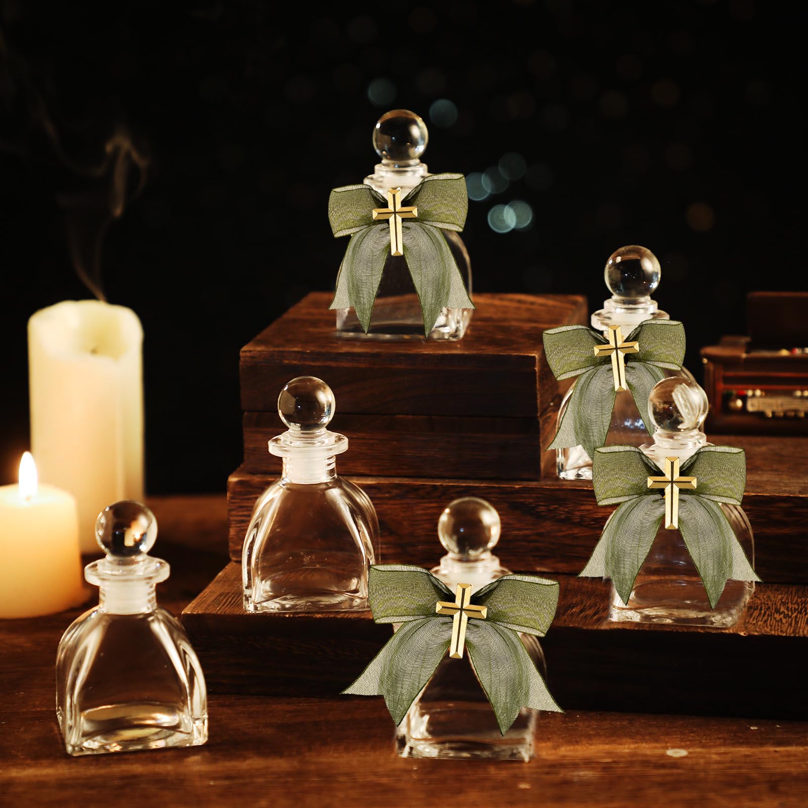 Chuangdi 48 Set Holy Water Bottles Catholic Clear Holy Water Container 50ml Christian Glass Bottle with Cross Lapel Pin and Lace