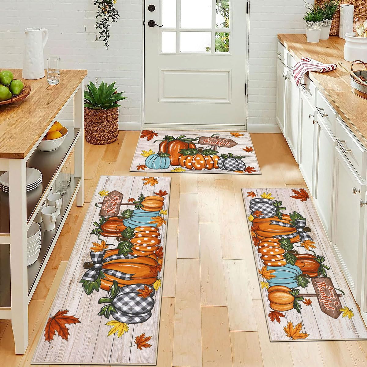 U Artlines Fall Pumpkin Kitchen Rugs with Runner Sets 3 Piece Farmhouse Seasonal Harvest Holiday Party Rugs and Mats Non Skid W
