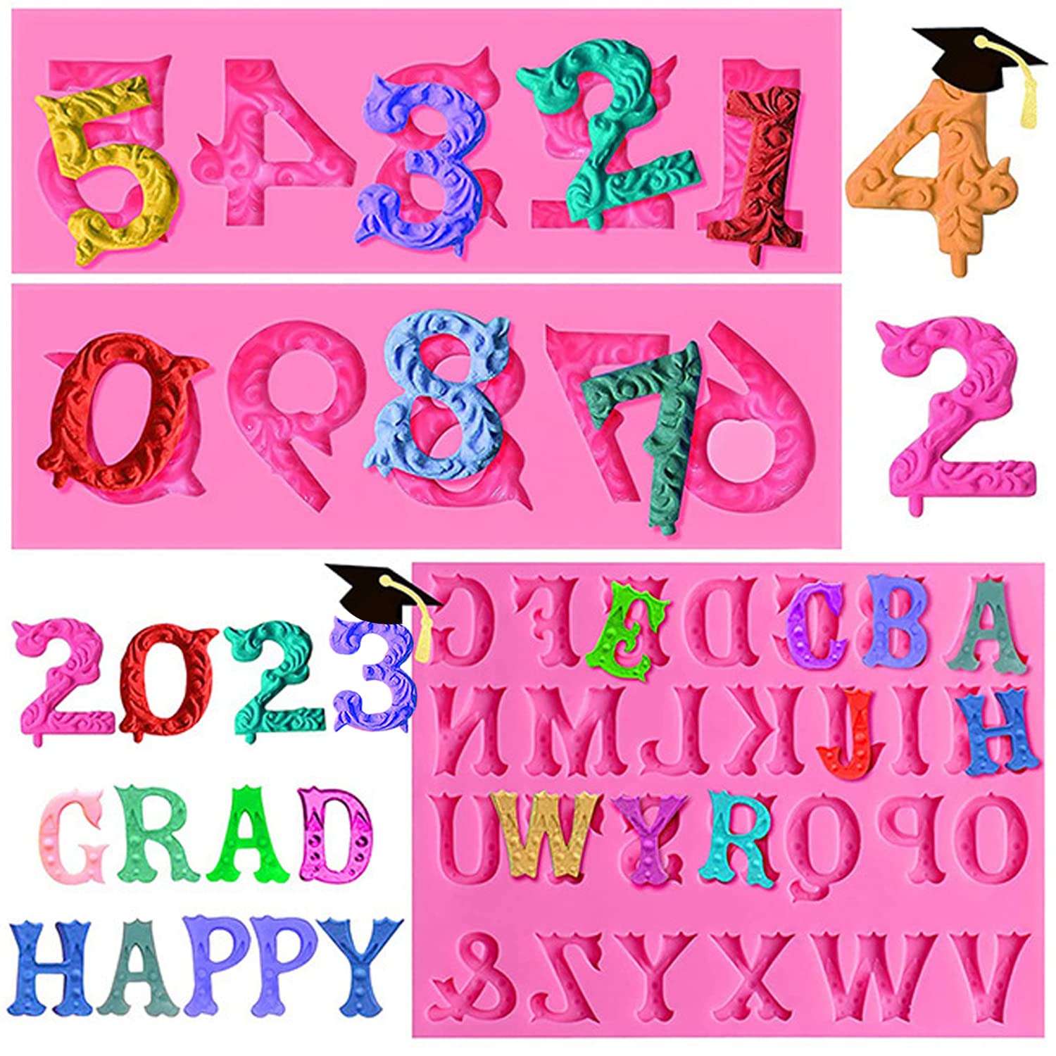 Silicone Fondant Molds, Aimeiki 3 Pack 3D Silicone Number 0-9 Alphabet A-Z Embossed Fondant Chocolate Baking Molds For Decoratin
