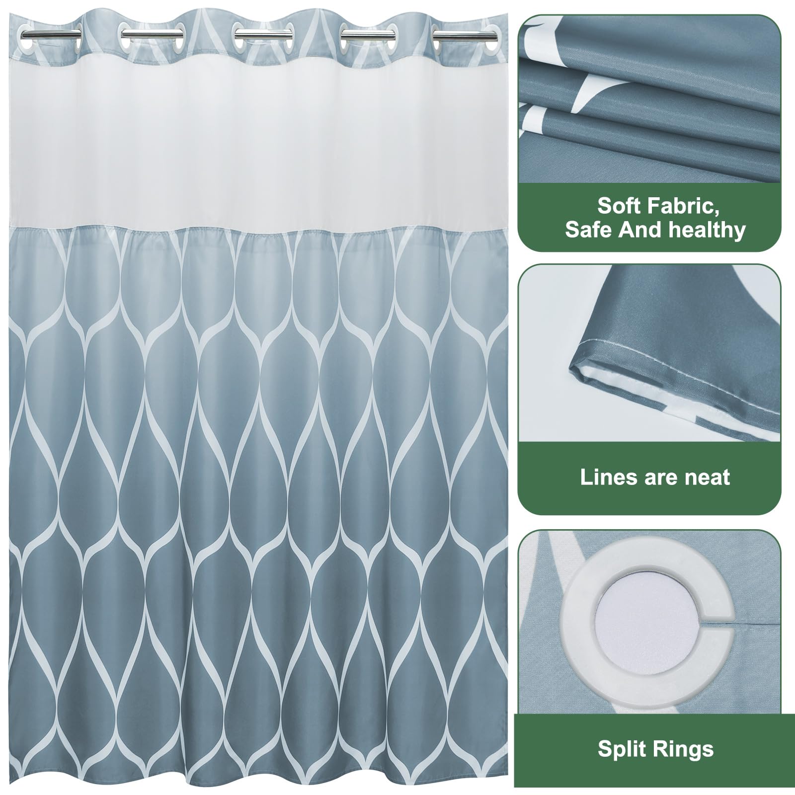 Yiatn No Hook Ombre Aegean Blue Shower Curtain With Snap In Fabric Liner Set - Hotel Style With See Through Mesh Top Window, Mod