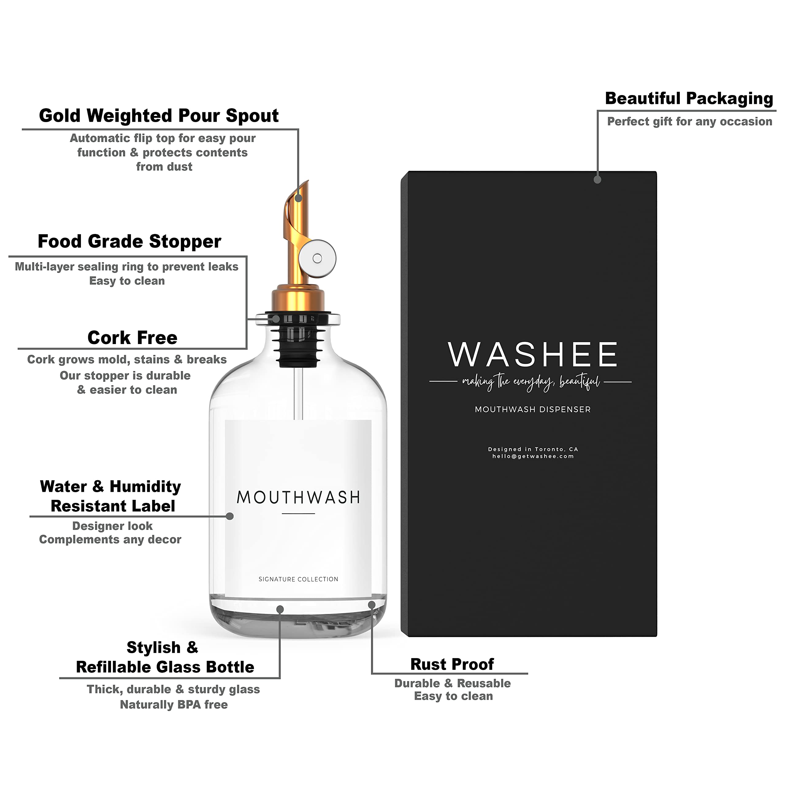 Washee Mouthwash Dispenser For Bathroom - Glass Mouthwash Container (12.7 Oz) With Weighted Pour Spout & 4 Mouthwash Bottle Labe