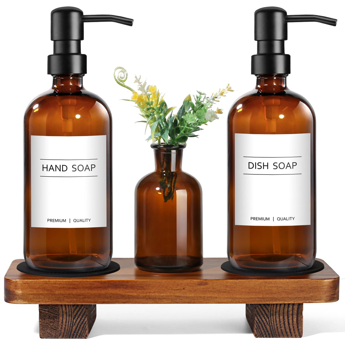 Kasunting Hand And Dish Soap Dispenser Set For Kitchen, Amber Glass Soap Dispenser With Stainless Steel Pump, Kitchen Soap Dispe