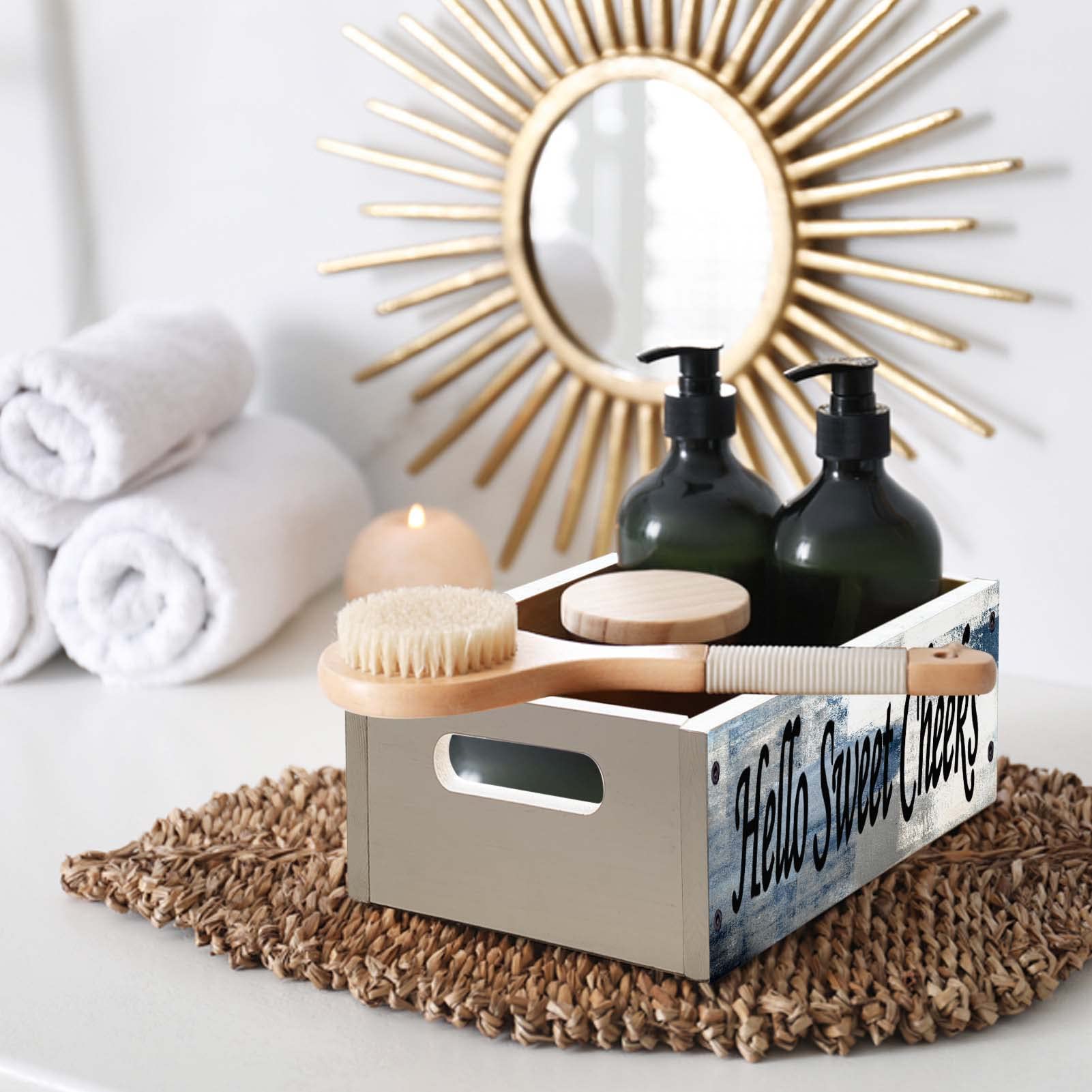 Lnond Rustic Bathroom Decor Box, Bathroom Toilet Tank Tray Storage Basket, Hello Sweet Cheeks Bathroom Wooden Toilet Paper Baske
