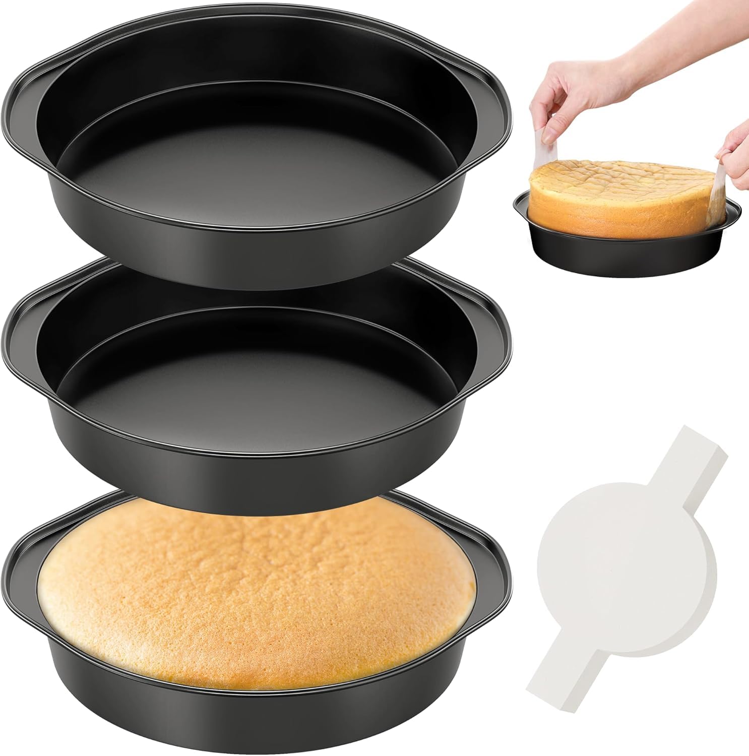 AltarreT 9 Inch Round Cake Pan with Handle, 3PCS Nonstick Cake Pans with 100 PCS Parchment Paper