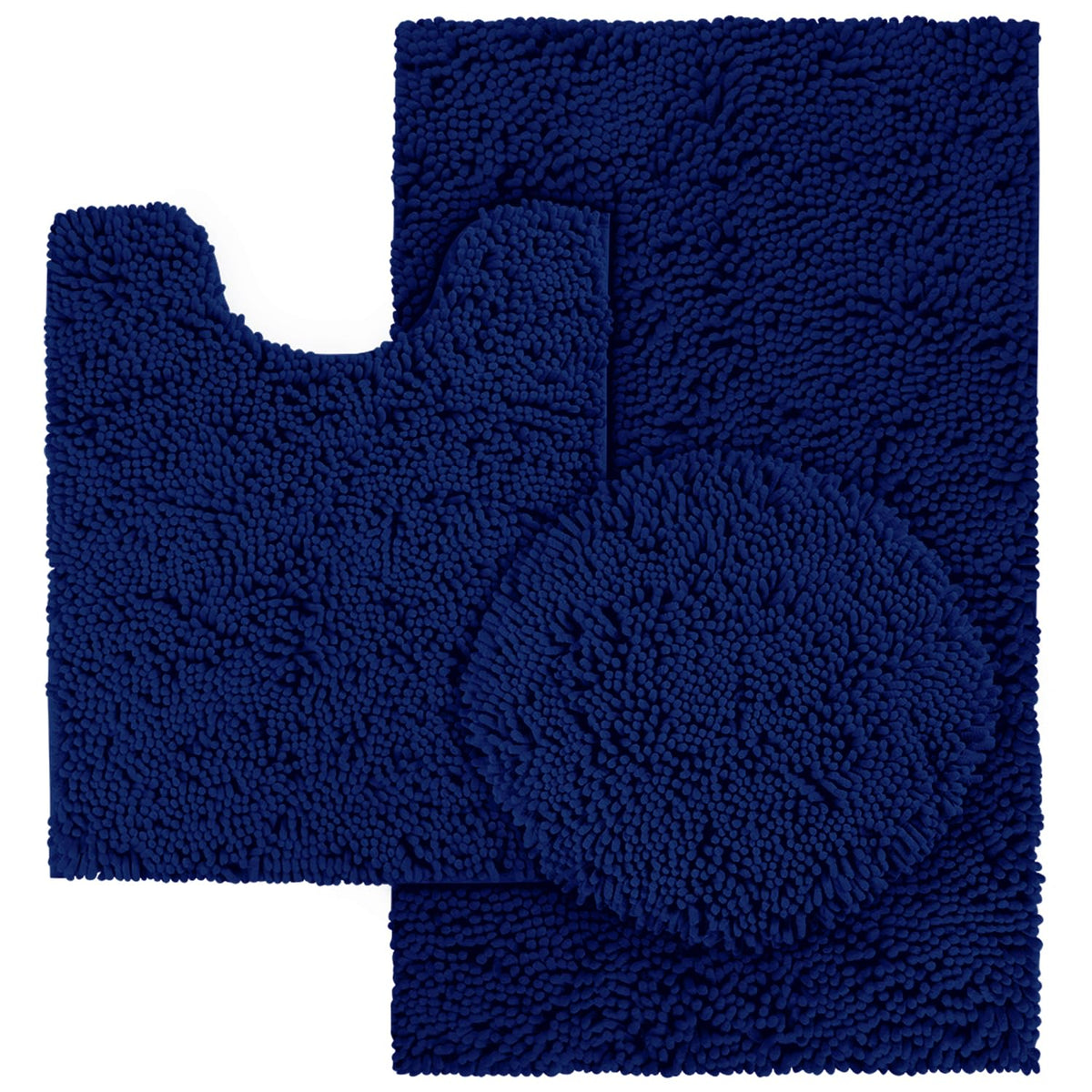 Homeideas Navy Blue Bathroom Rugs Sets 3 Piece, Chenille Bath Rugs Soft Absorbent Non Slip Washable Bath Mats With Toilet Lid Co