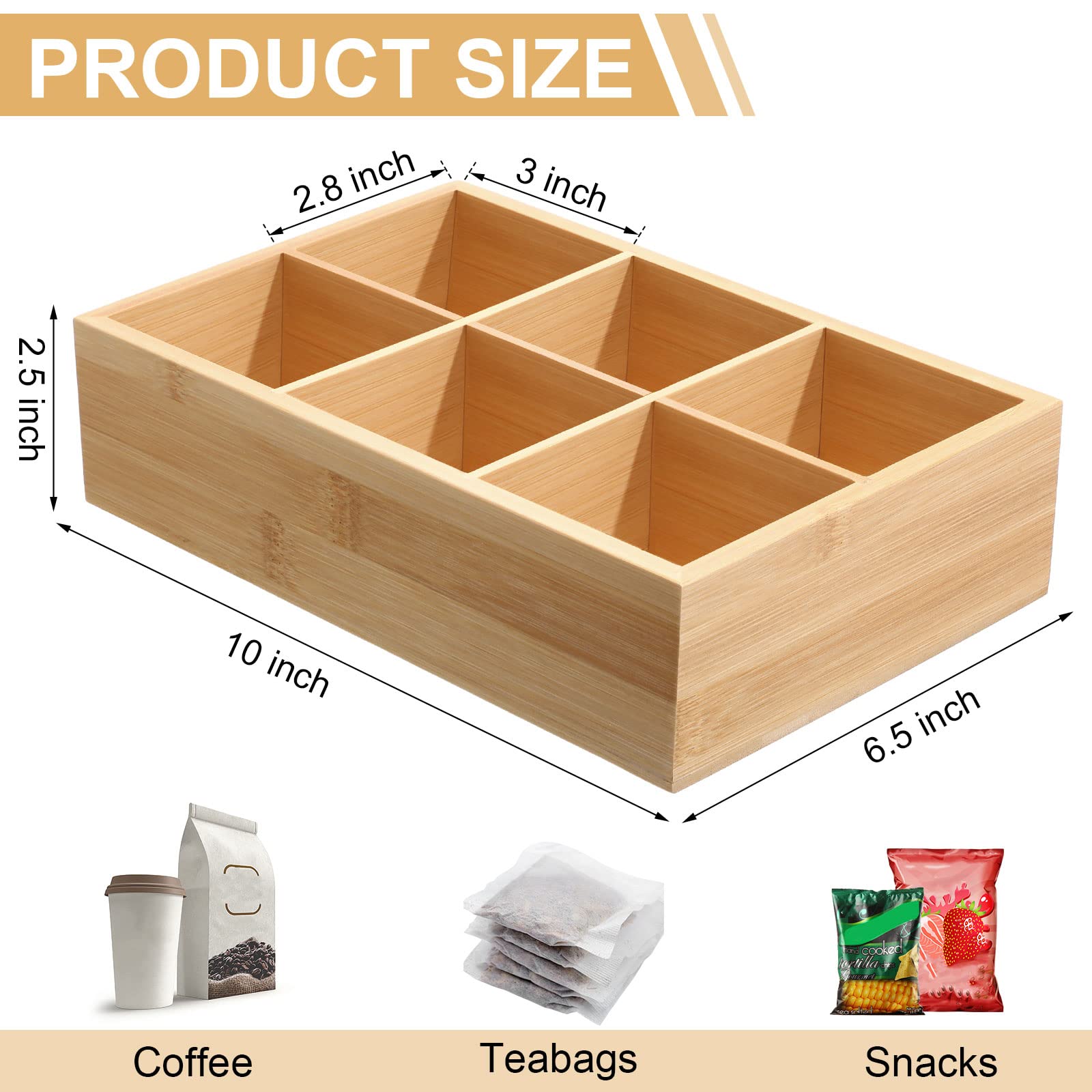4 Pcs Bamboo Divided Storage Organizer Bamboo Container With 6 Compartments Wood Food Storage Bin Wooden Tea Drawer Box Bamboo P