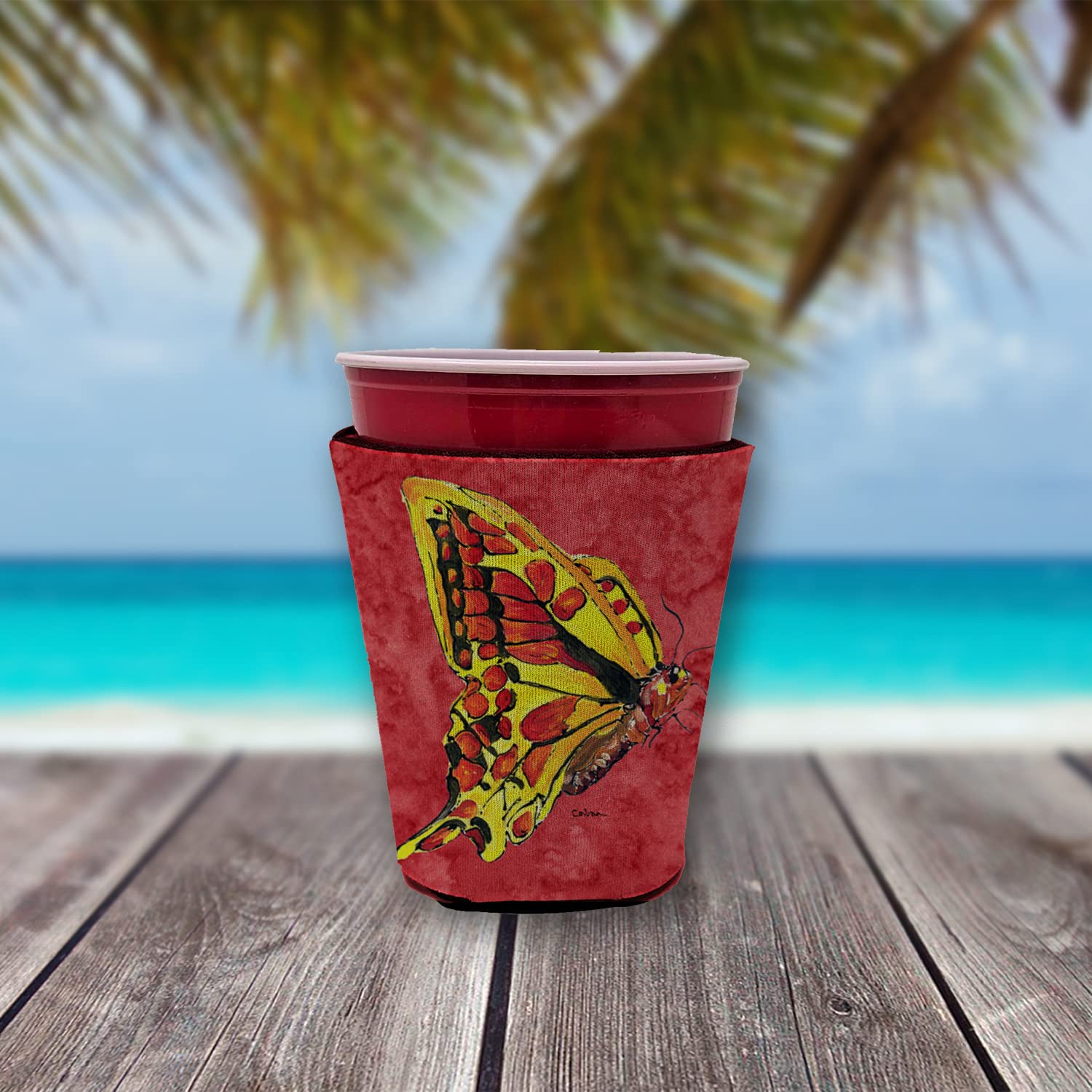 Butterfly on Red Red Solo Cup Beverage Insulator Hugger