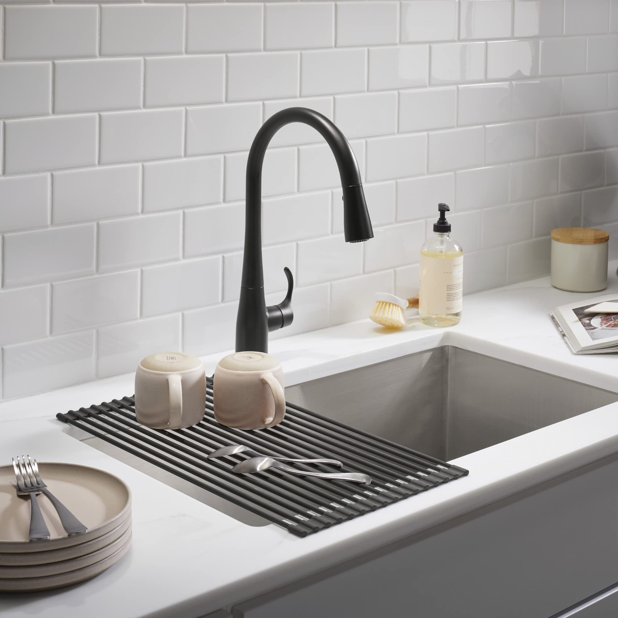 KOHLER Foldable Dish Drying Rack, Silicone Sink Kitchen Mat, Charcoal, Model 28929-CHR