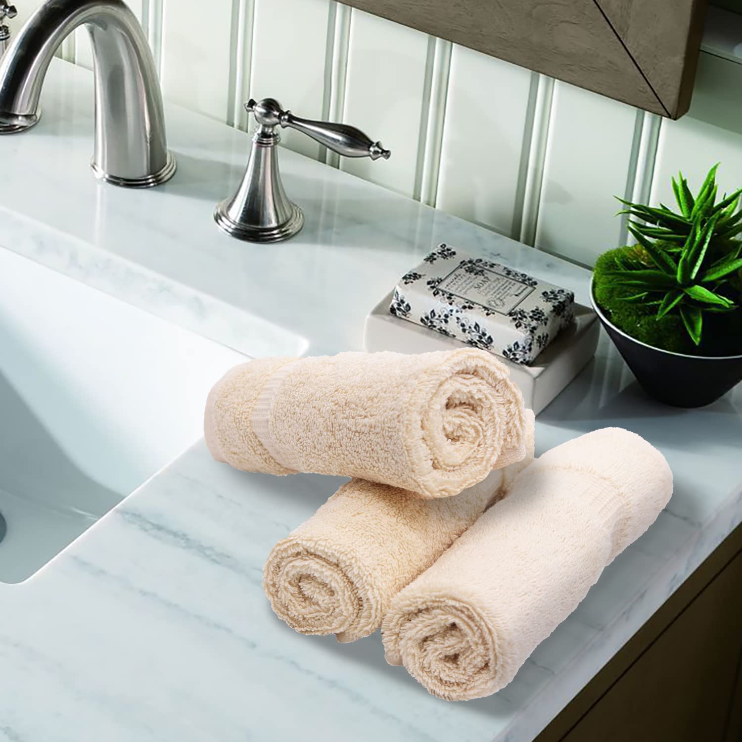 Luxury Hotel & Spa Towel 100% Genuine Turkish Cotton Wash Cloths - Beige - Dobby Border - Set Of 12