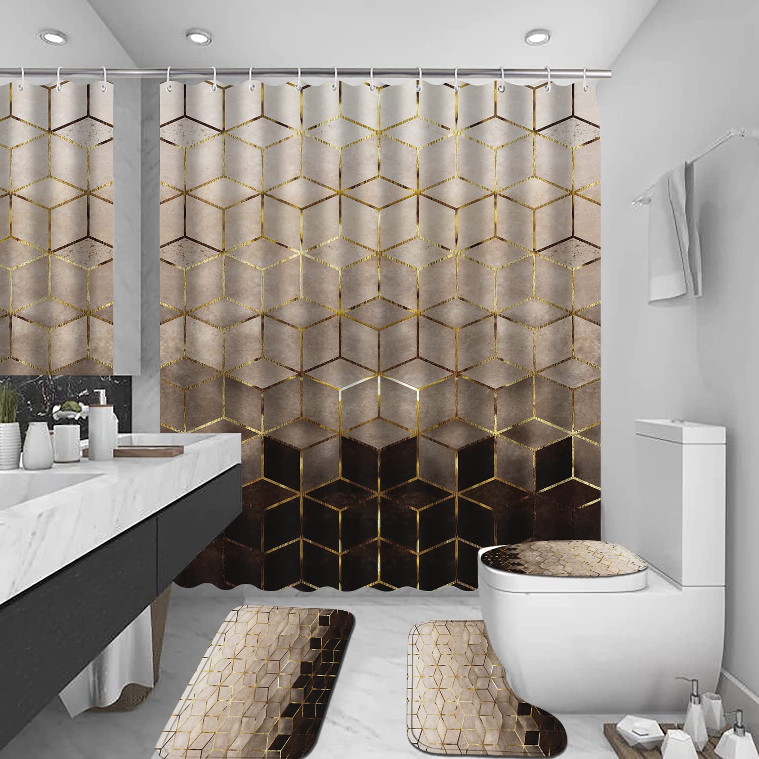 Lqcool 4Pcs Brown Gradient Shower Curtain Set, Modern Geometric Shower Curtain Set Golden Cubic Lines Bathroom Set Texture Art B