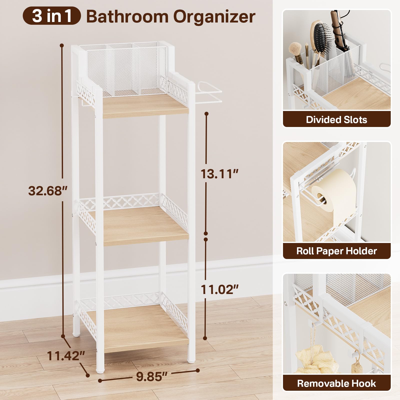 FURFUN Slim Bathroom Storage Shelf Unit, 3 Tier Corner Storage, Rustic Makeup Organizer, Space-Saving Floor Standing Storage She
