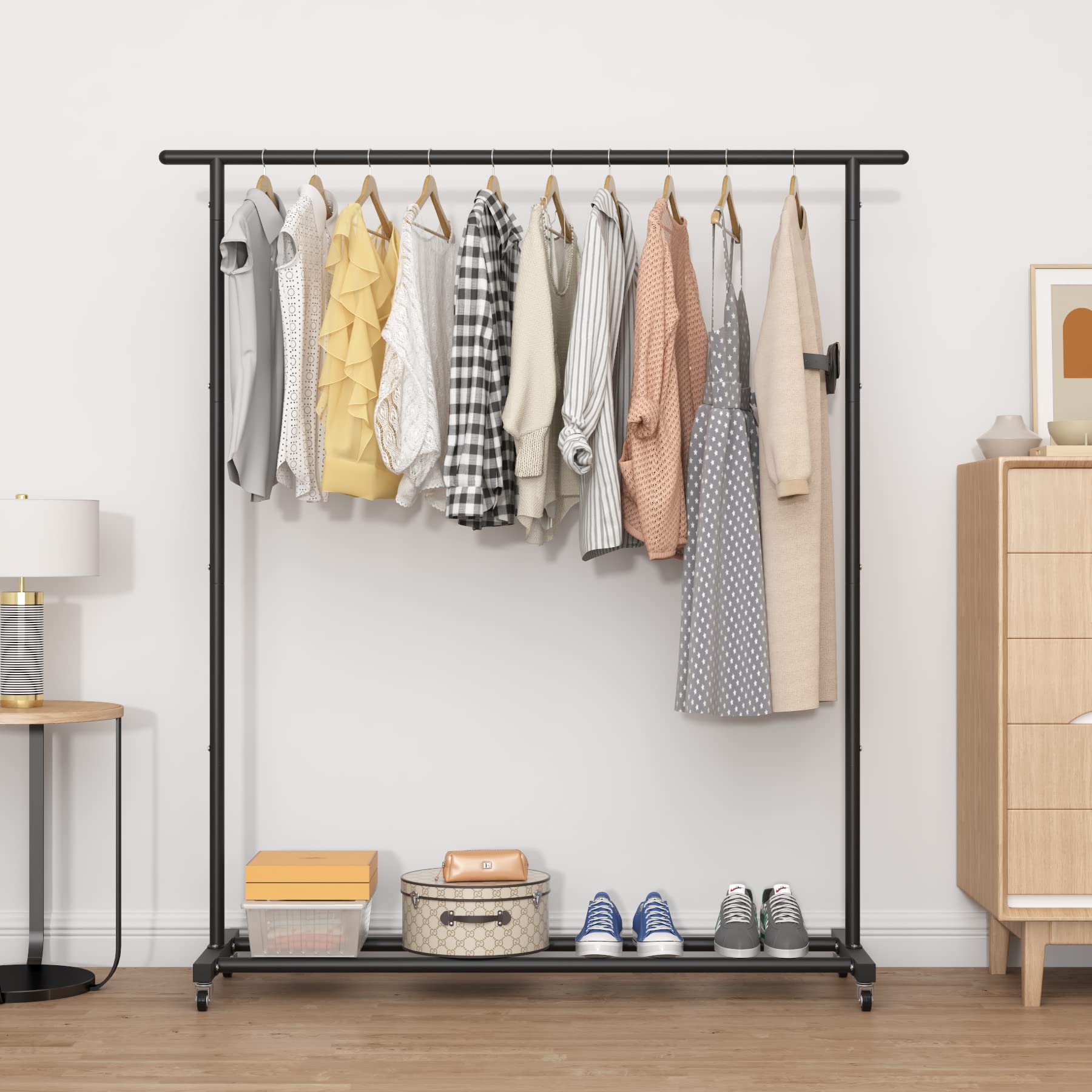 Buzowruil Clothing Clothes Rack Standard Rod Simple Rolling Metal Garment Rack Organizer Freestanding Hanger With Wheels,Black