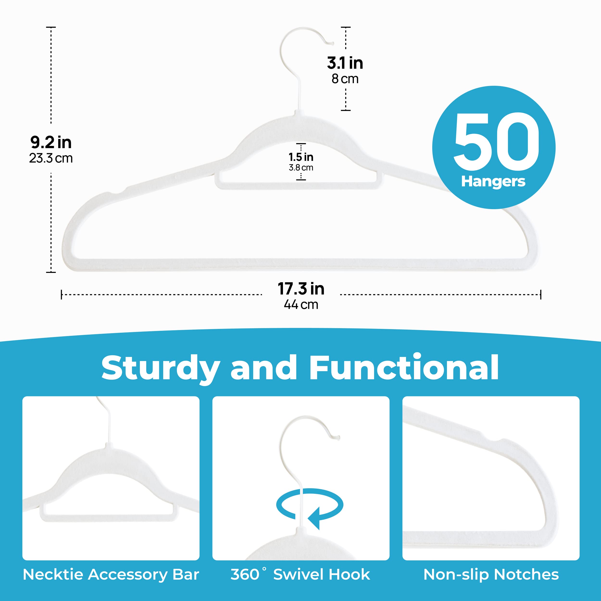 Fontaines Luxury White Velvet Felt Non Slip Clothes Hangers 50 Pack - Ultra Slim & Space Saving - Heavy Duty Swivel White Hook for Clothing  Suit  Top  Tie  Shirt  Skirt & Pant Organization