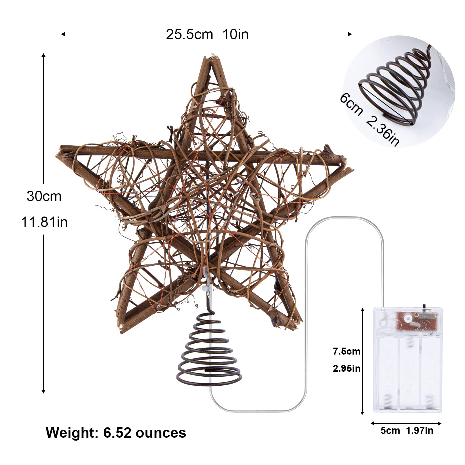 Rattan Natural Star Christmas Tree Topper - Rustic Farmhouse Xmas Treetop with 50 Warm LED Lights for Indoor Christmas Tree Deco