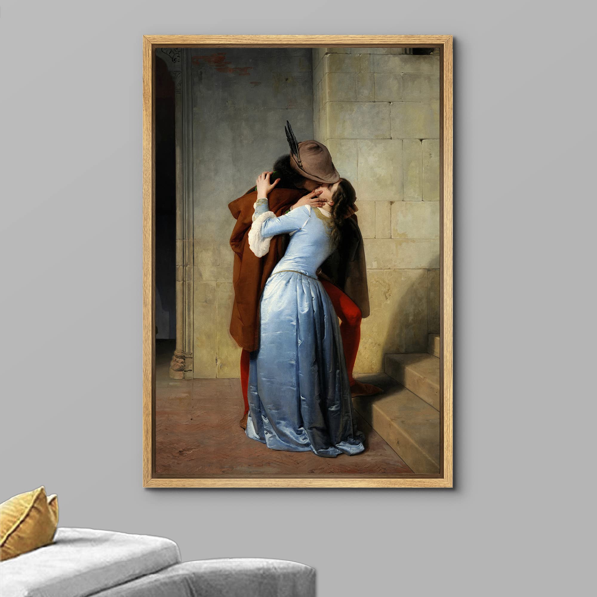 Wall26 The Kiss (Il Bacio) By Francesco Hayez - Framed Canvas Print Wall Art Famous Painting Reproduction - 16''X24'' Natural