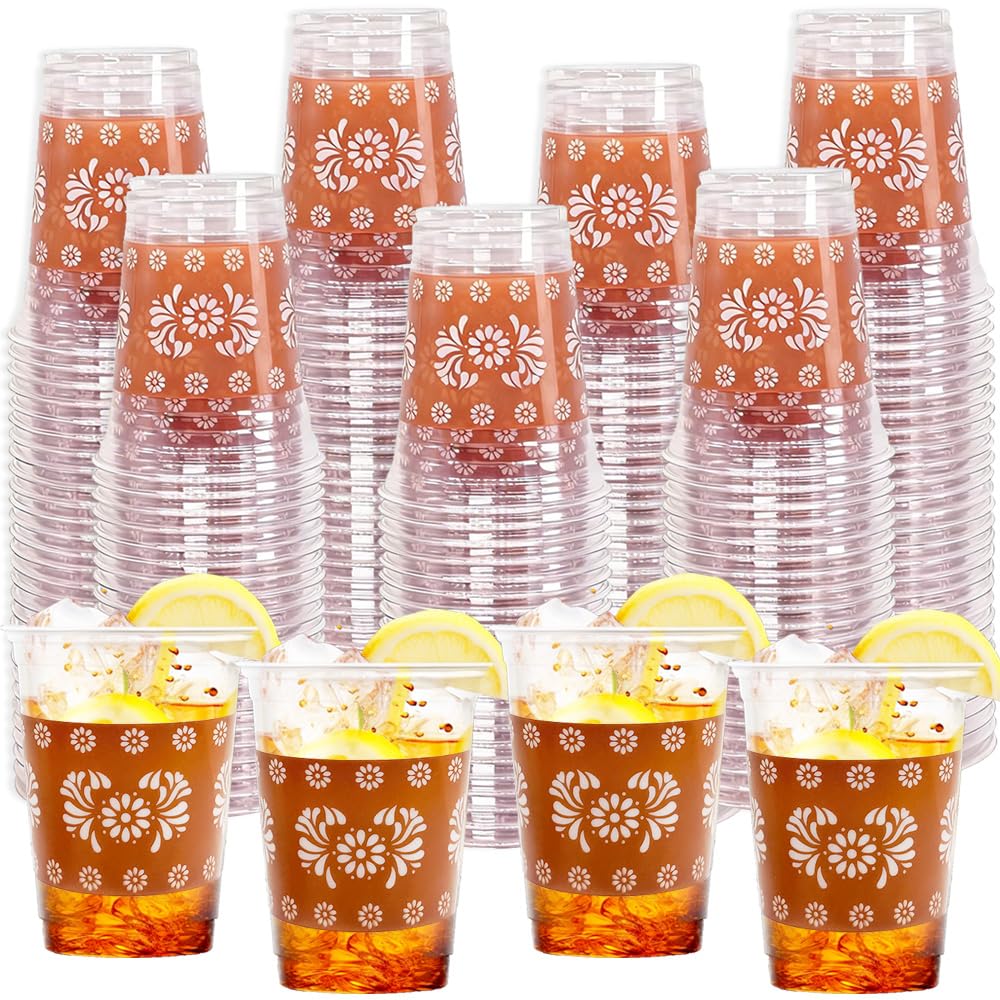 FUYUWIIN 100PCS 12 OZ Cielito Lindo Disposable Plastic Cups Party Decoration, Mexican Copas De Barro Dinnerware Terracotta Flowe