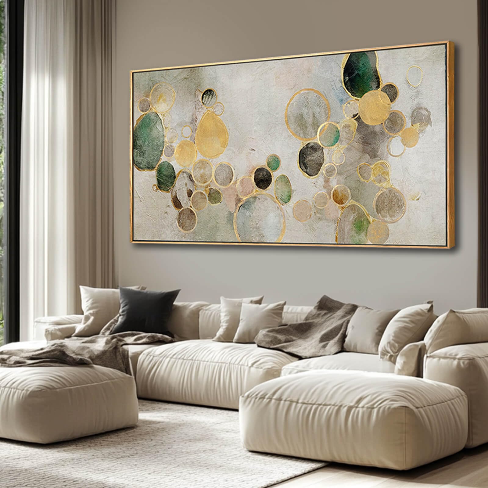 Abstract Canvas Wall Art Gold Circle Painting Green Artwork Framed Wall Prints 29''X 58'' Office Wall Decor Colorful Pictures Fo